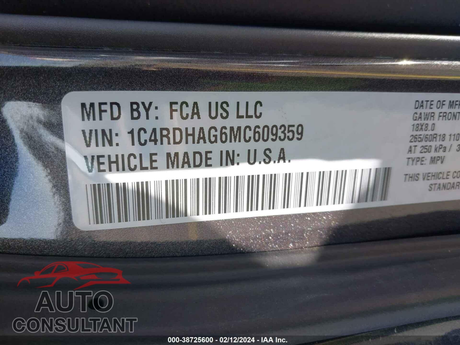 DODGE DURANGO 2021 - 1C4RDHAG6MC609359