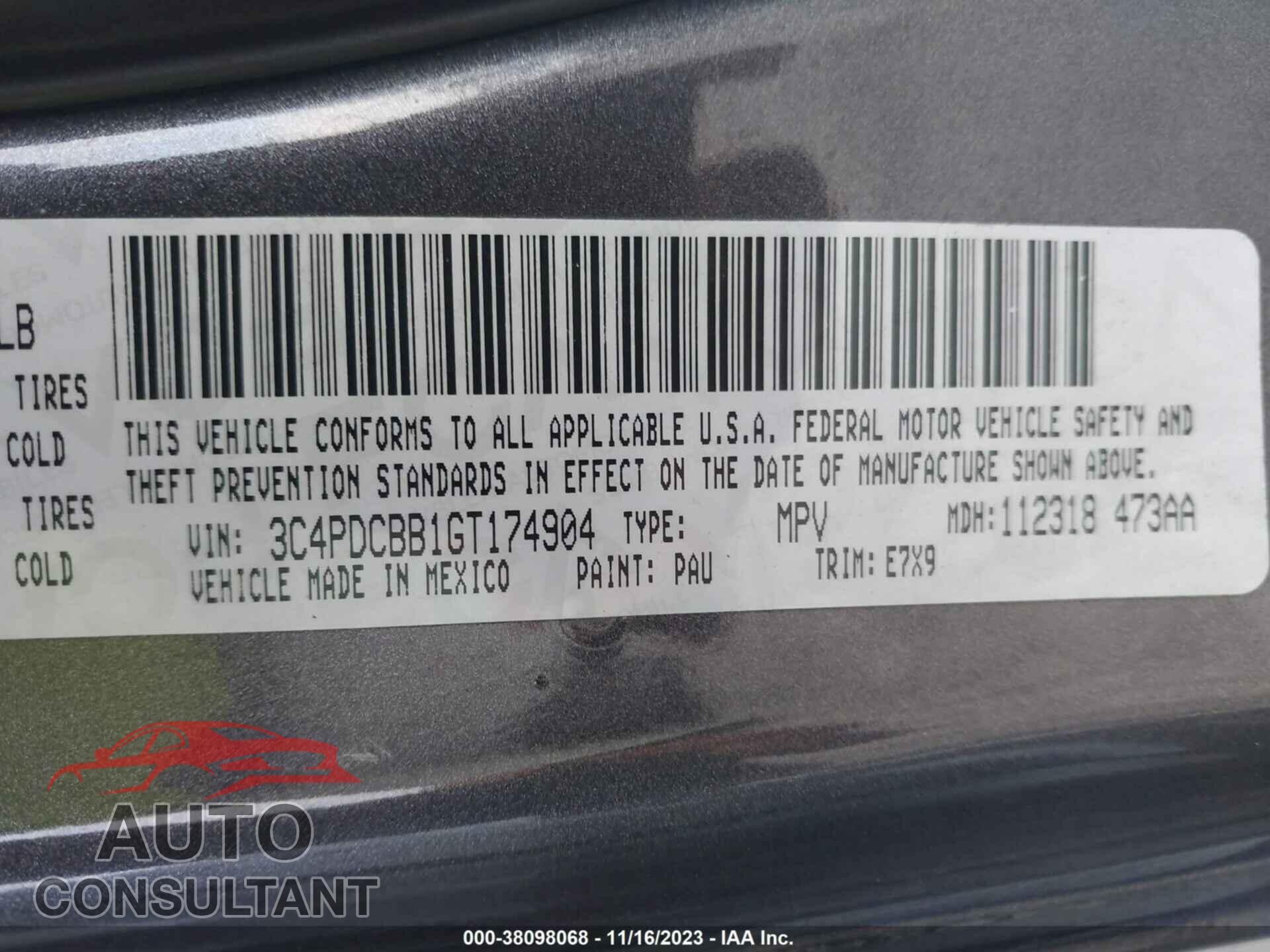DODGE JOURNEY 2016 - 3C4PDCBB1GT174904