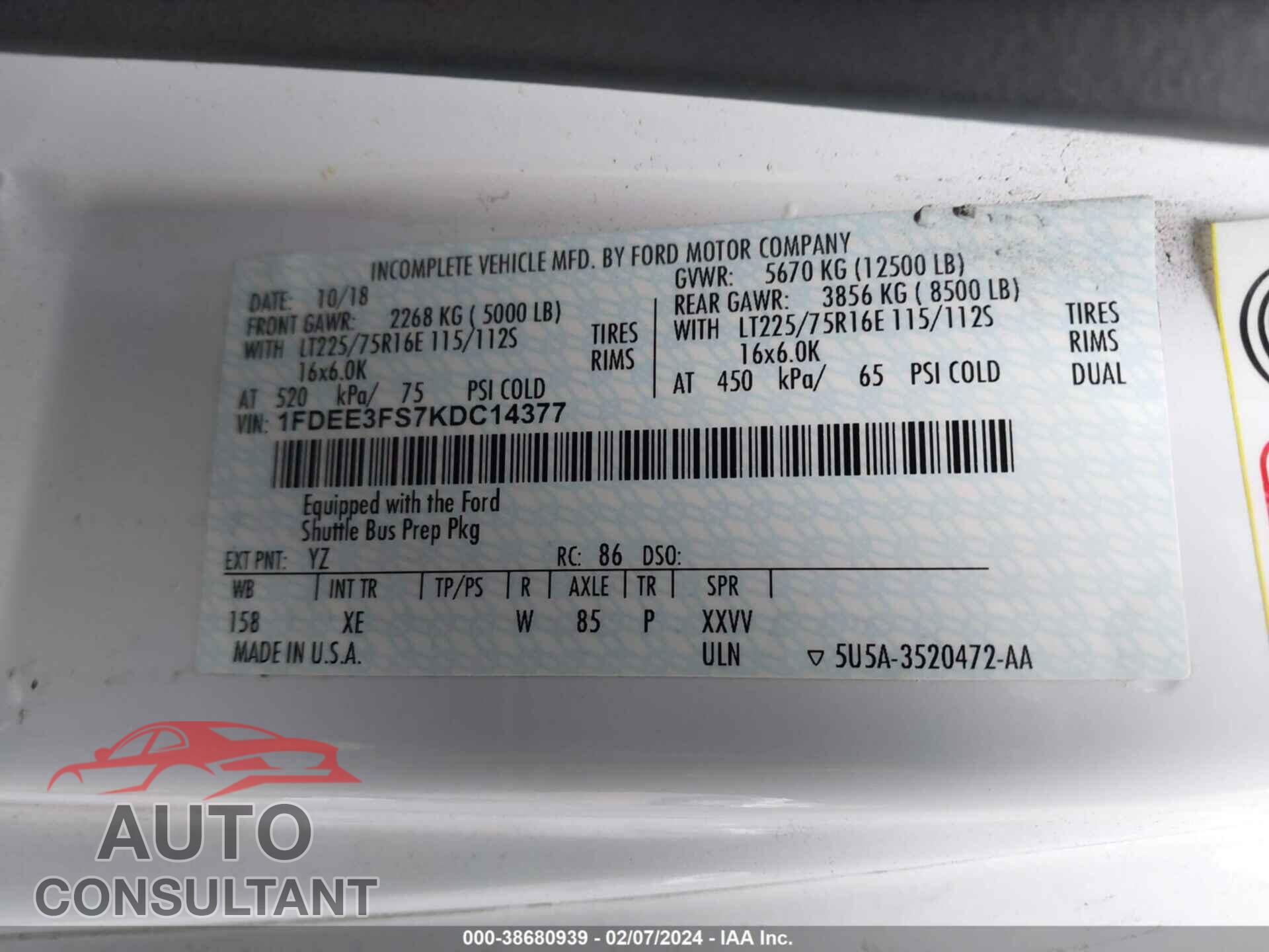 FORD E-350 CUTAWAY 2019 - 1FDEE3FS7KDC14377