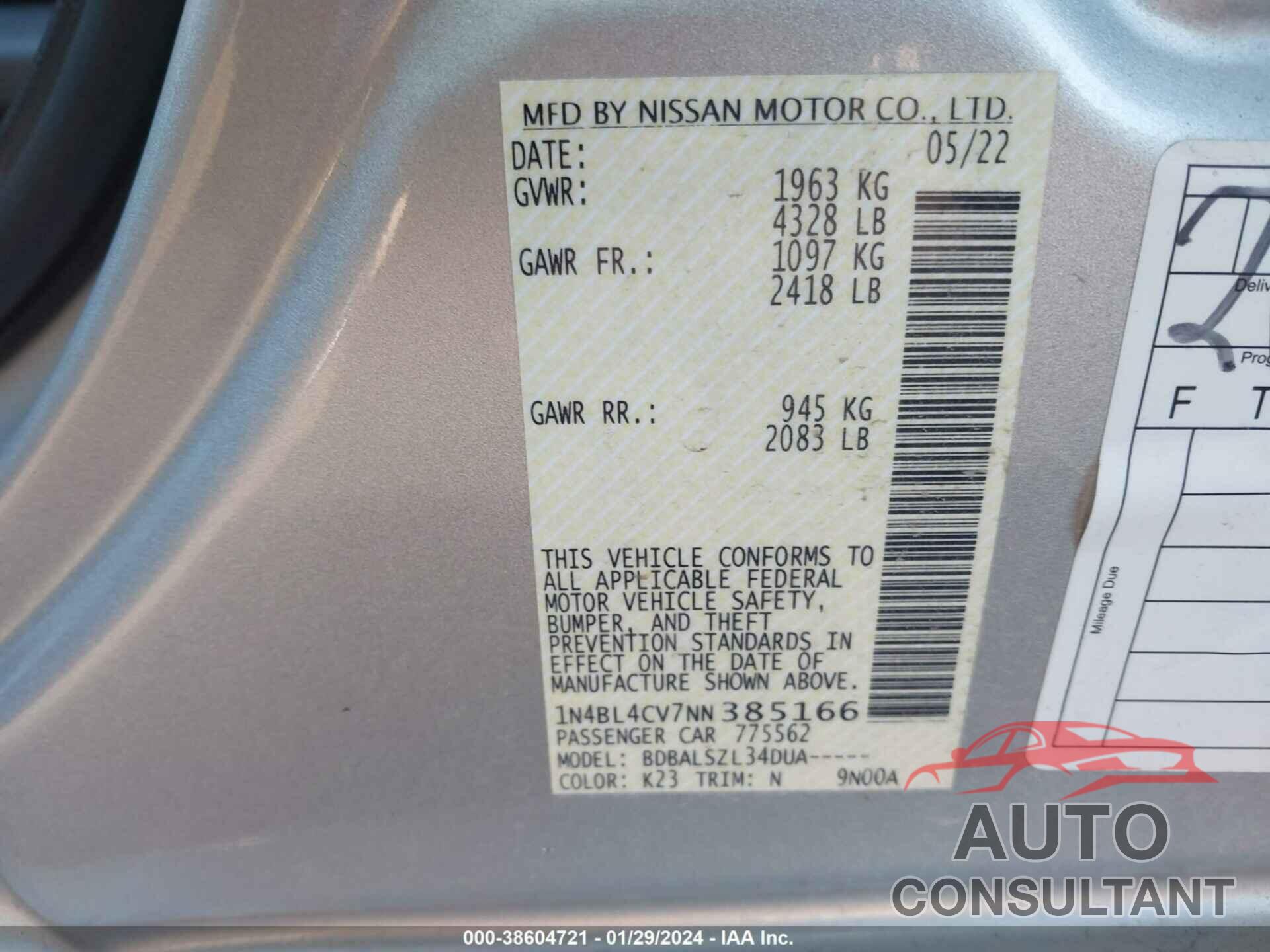 NISSAN ALTIMA 2022 - 1N4BL4CV7NN385166