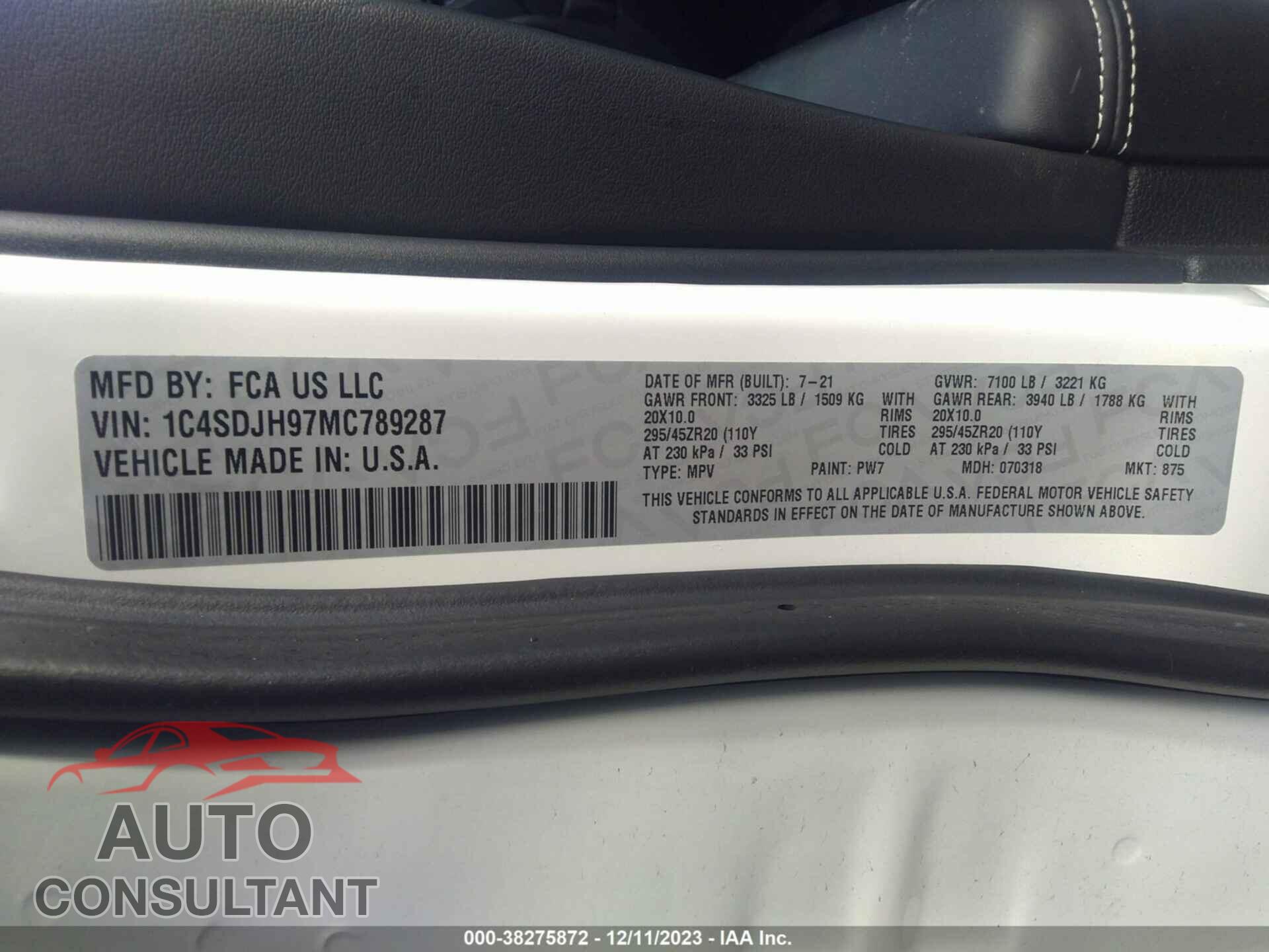 DODGE DURANGO 2021 - 1C4SDJH97MC789287