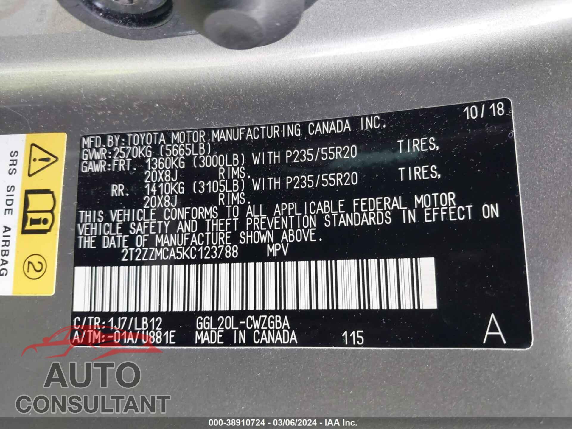 LEXUS RX 2019 - 2T2ZZMCA5KC123788