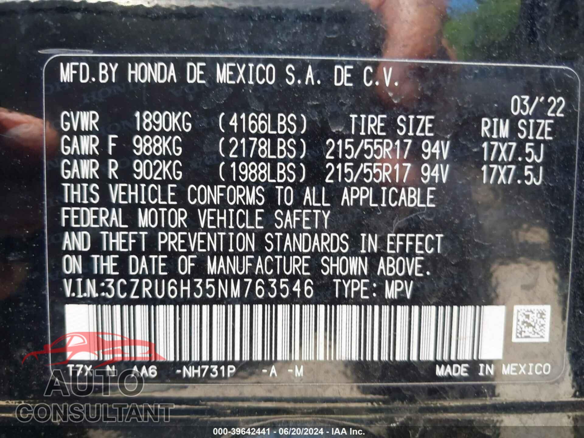 HONDA HR-V 2022 - 3CZRU6H35NM763546