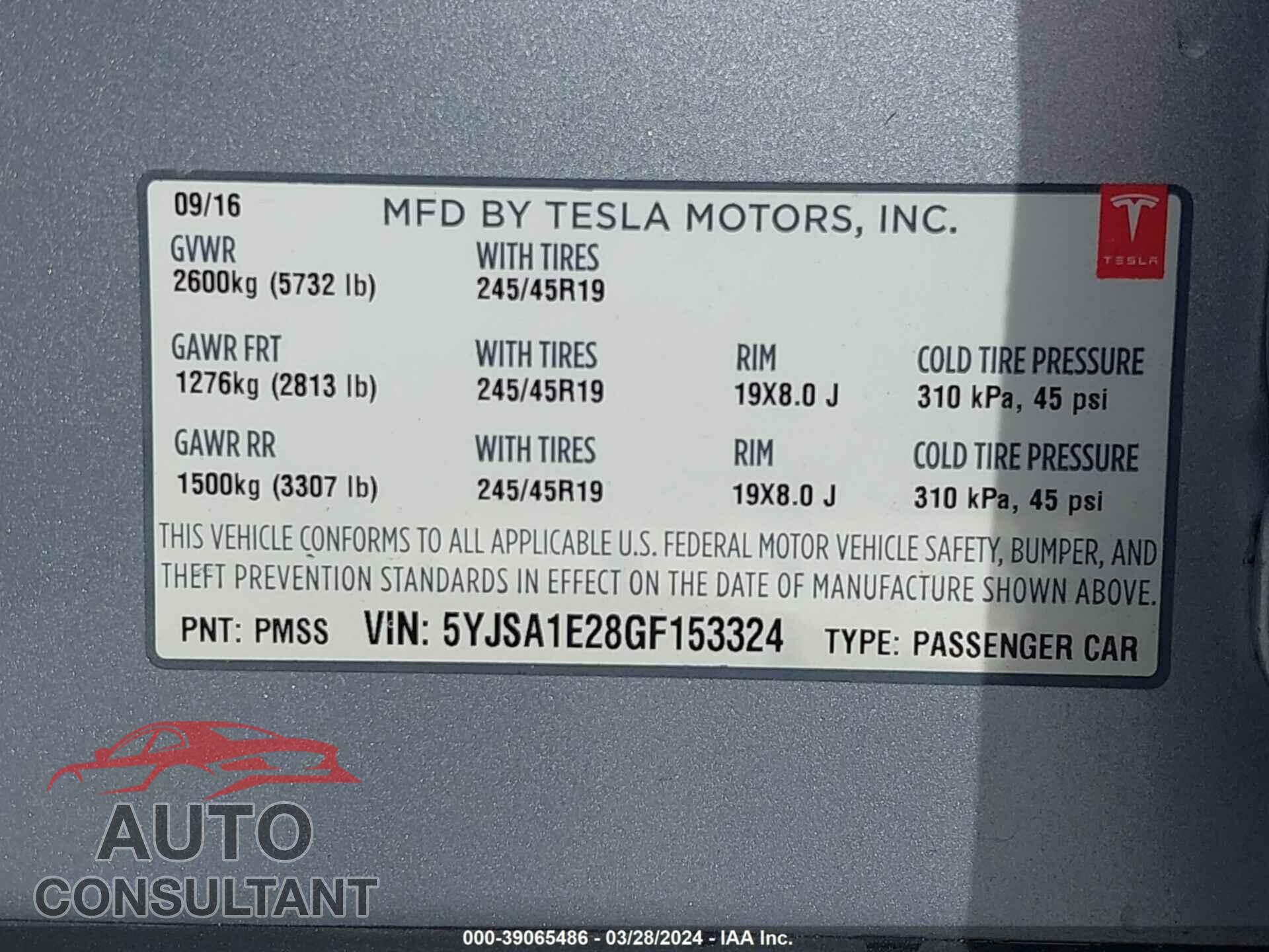 TESLA MODEL S 2016 - 5YJSA1E28GF153324