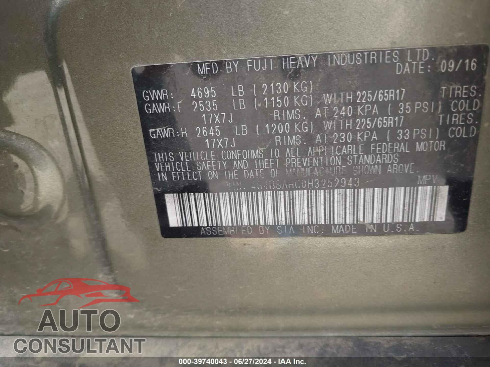 SUBARU OUTBACK 2017 - 4S4BSAHC0H3252943