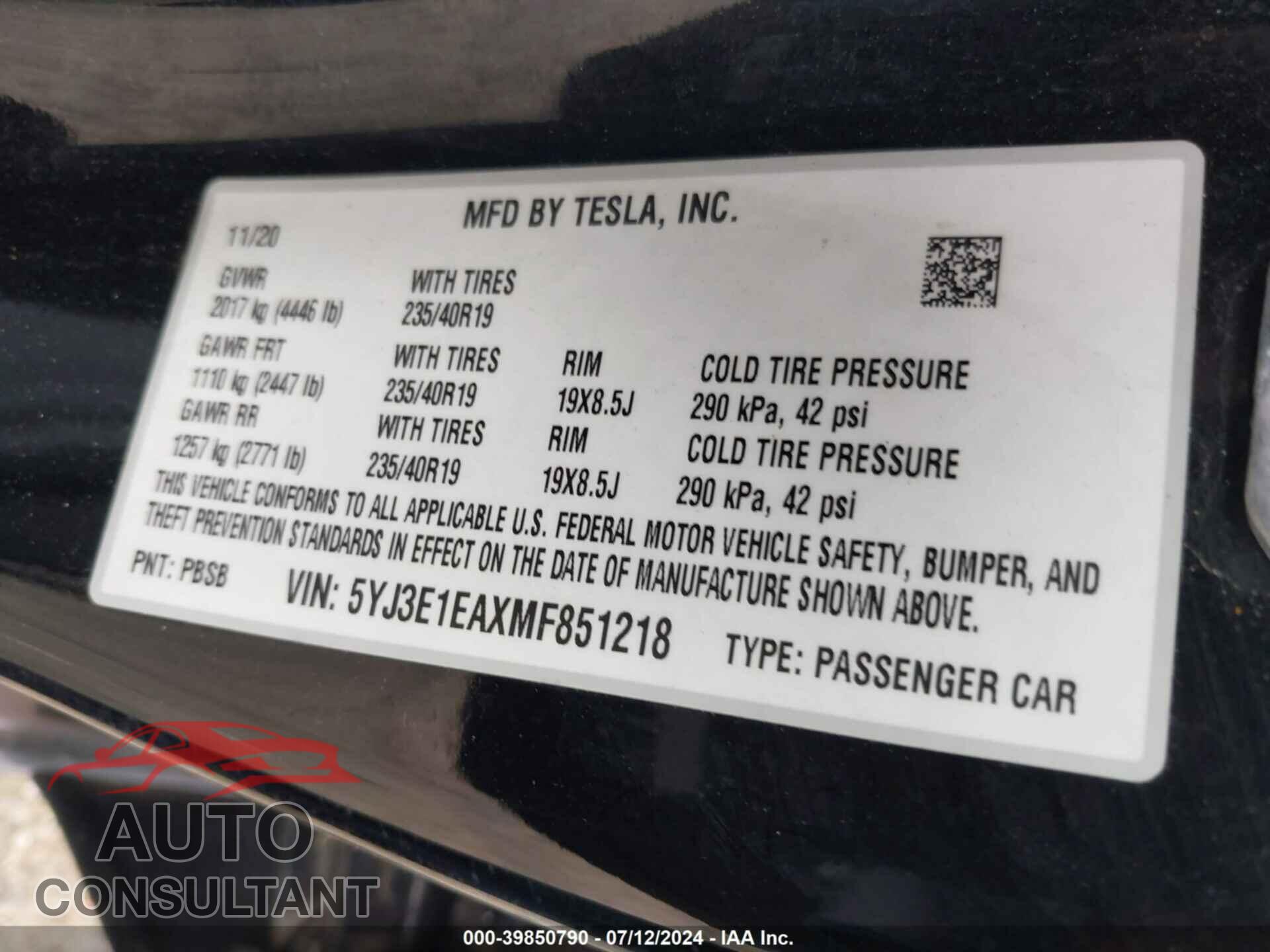 TESLA MODEL 3 2021 - 5YJ3E1EAXMF851218