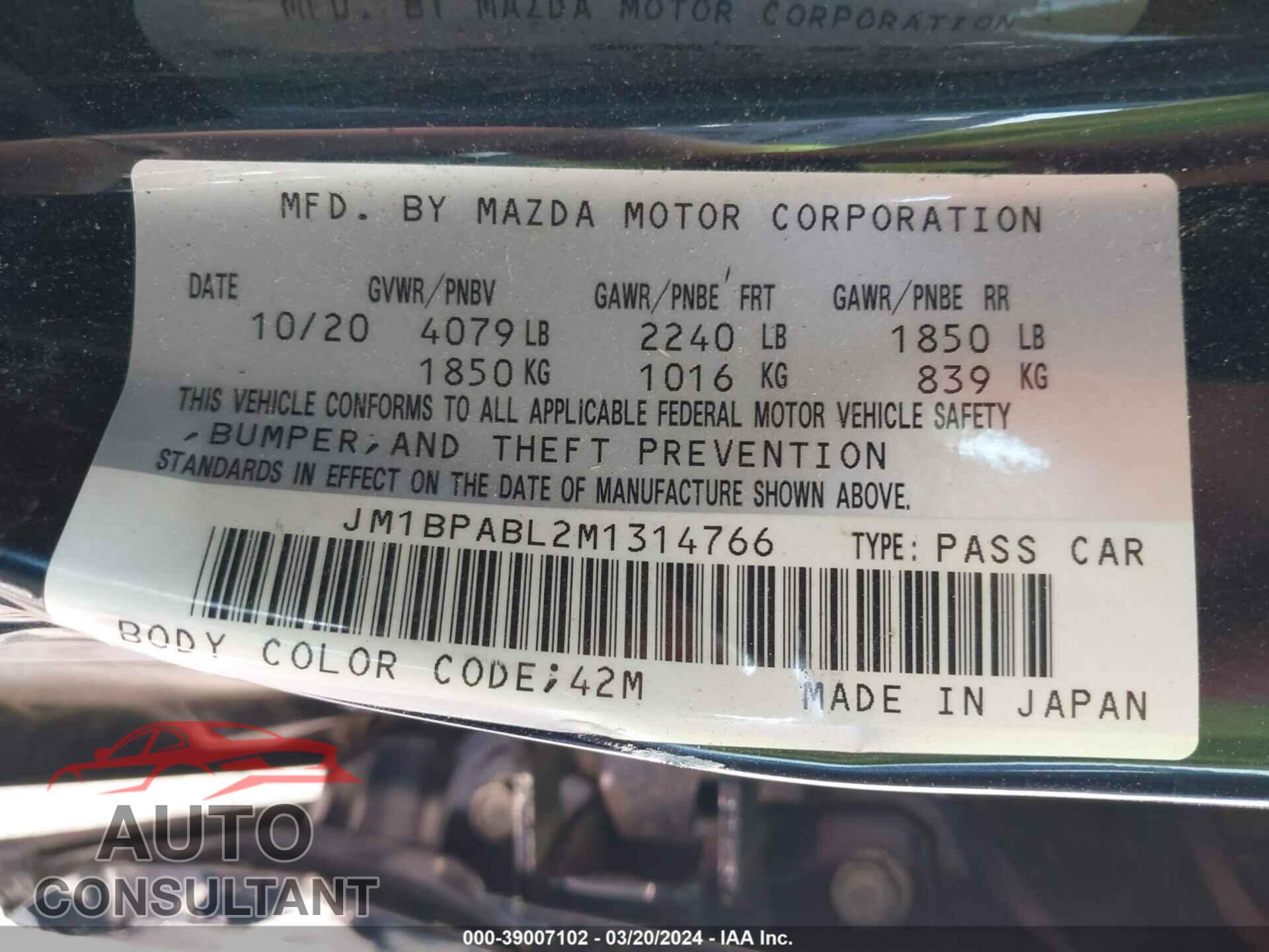 MAZDA MAZDA3 2021 - JM1BPABL2M1314766