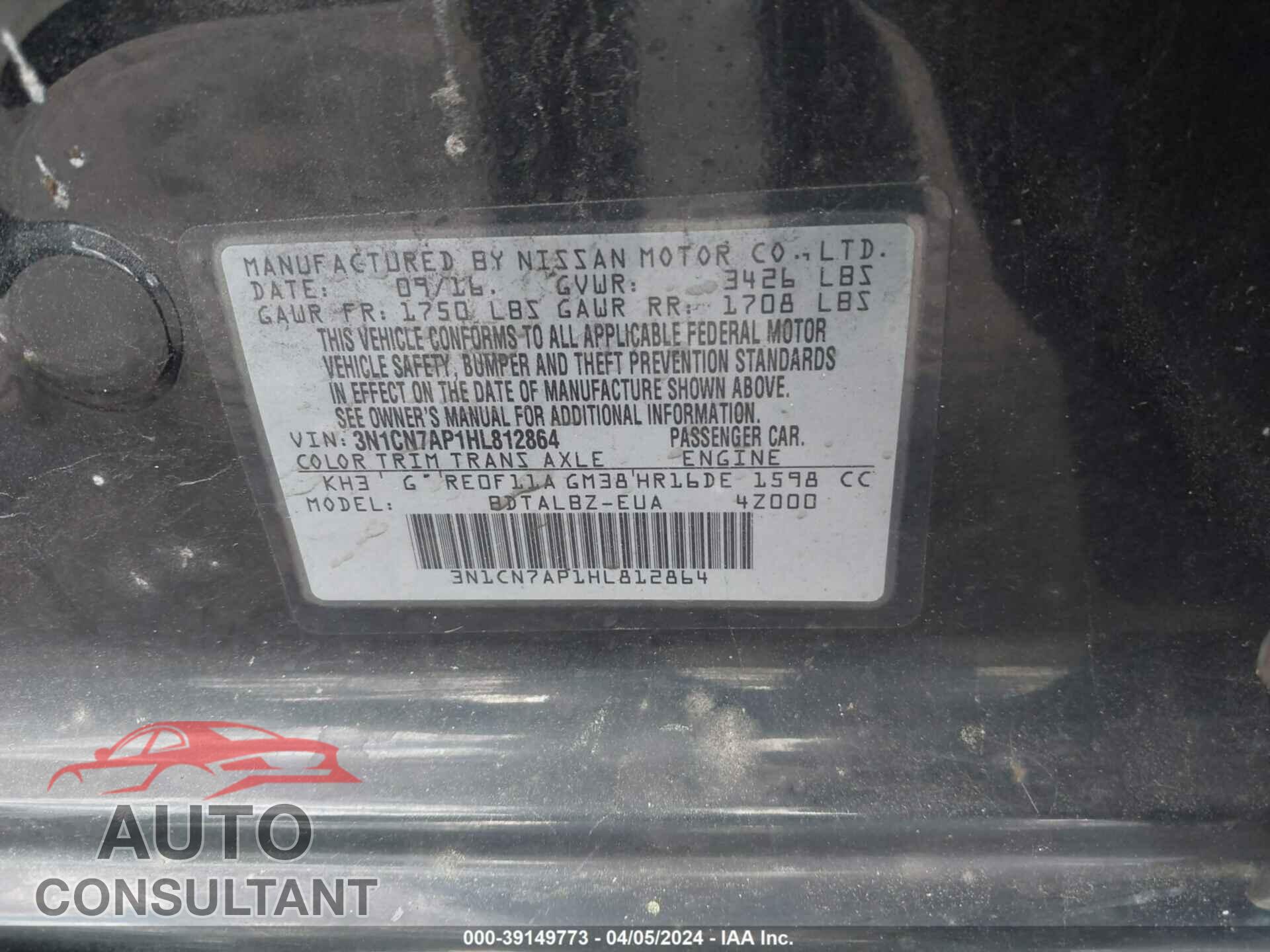 NISSAN VERSA 2017 - 3N1CN7AP1HL812864