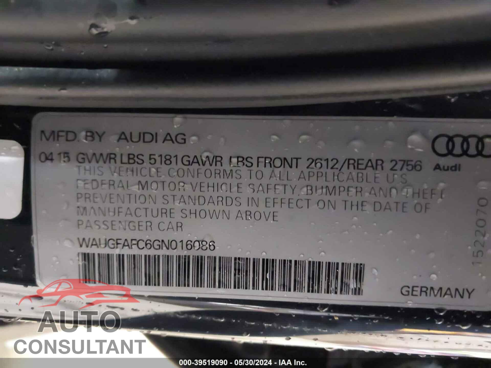 AUDI A6 2016 - WAUGFAFC6GN016086