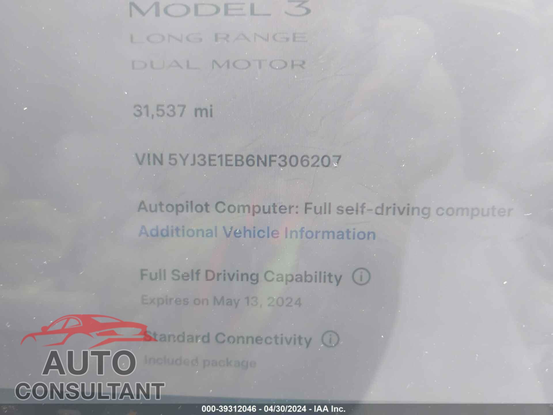 TESLA MODEL 3 2022 - 5YJ3E1EB6NF306207