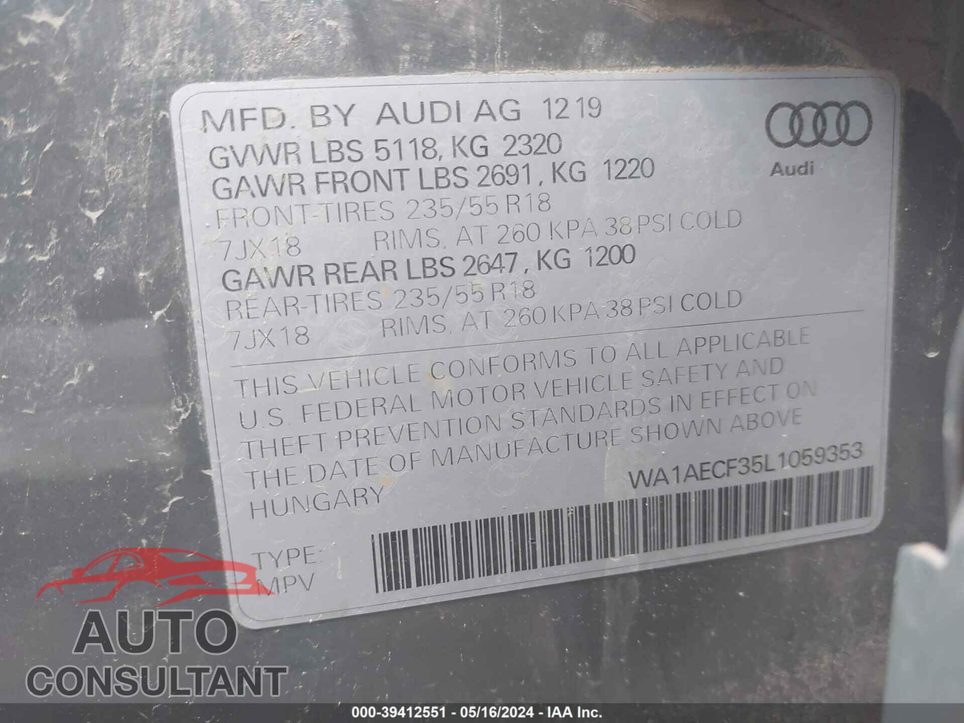 AUDI Q3 2020 - WA1AECF35L1059353