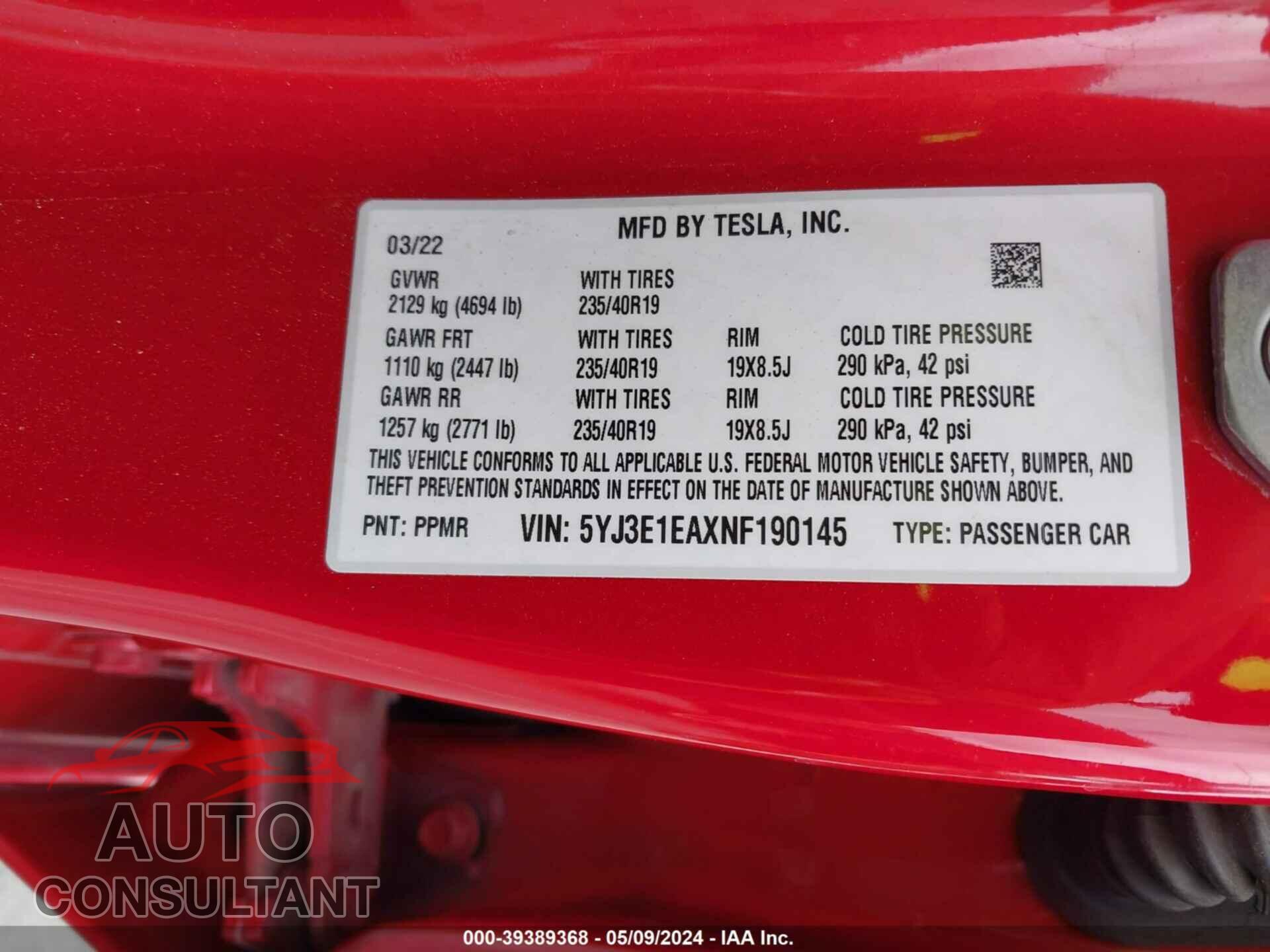 TESLA MODEL 3 2022 - 5YJ3E1EAXNF190145