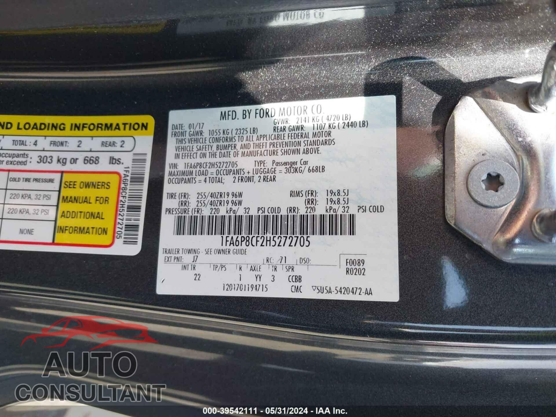 FORD MUSTANG 2017 - 1FA6P8CF2H5272705