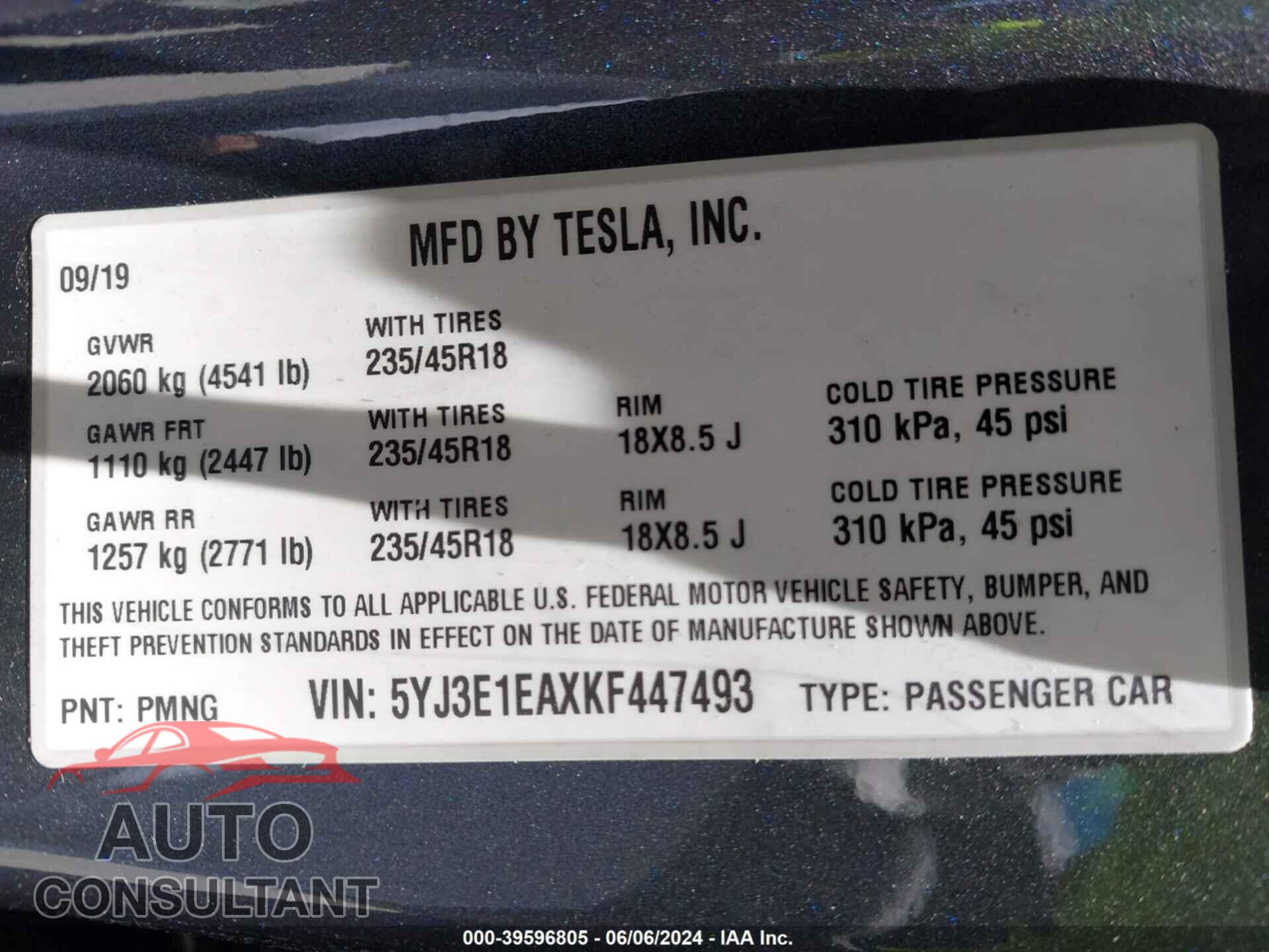 TESLA MODEL 3 2019 - 5YJ3E1EAXKF447493