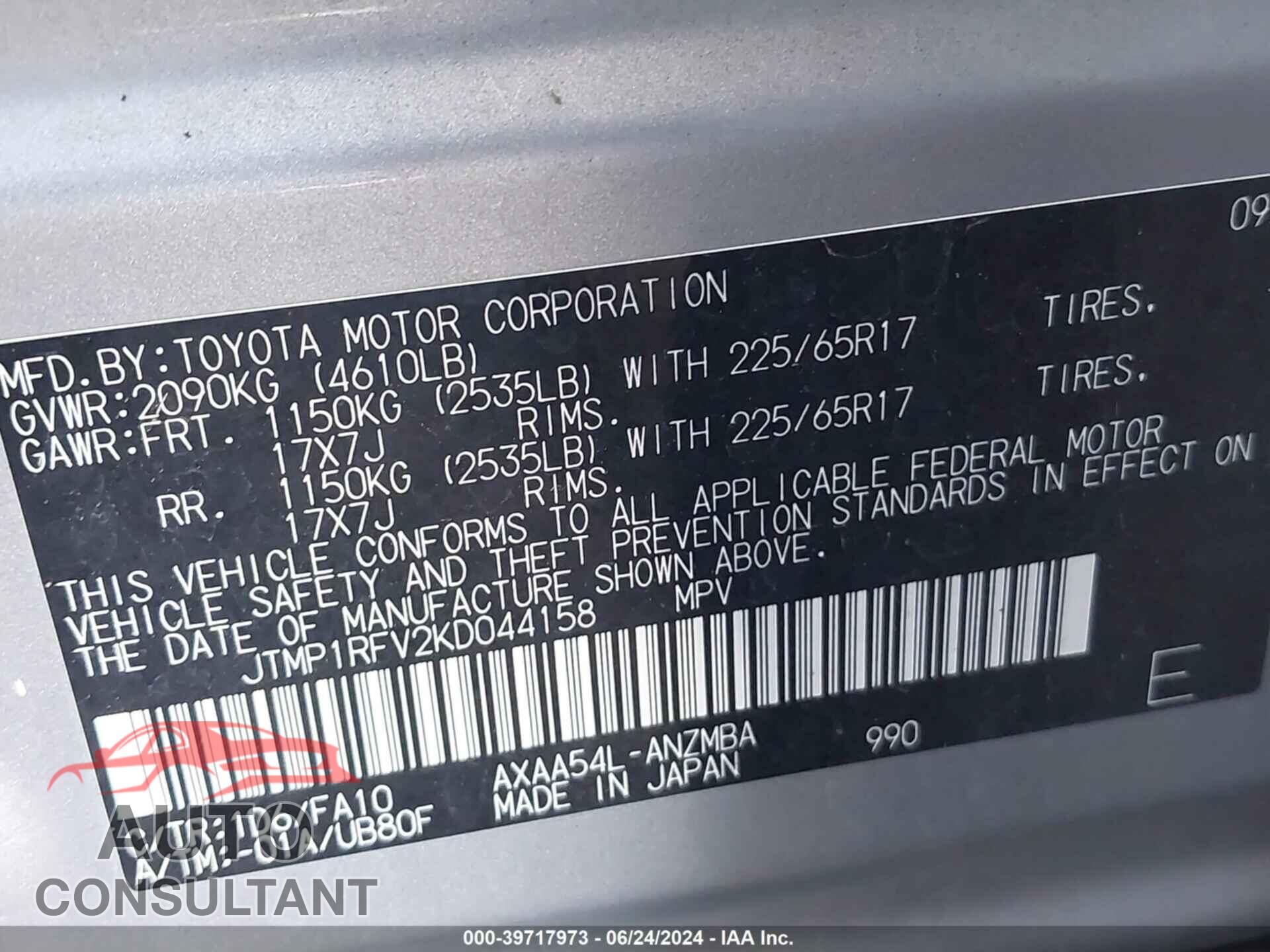 TOYOTA RAV4 2019 - JTMP1RFV2KD044158