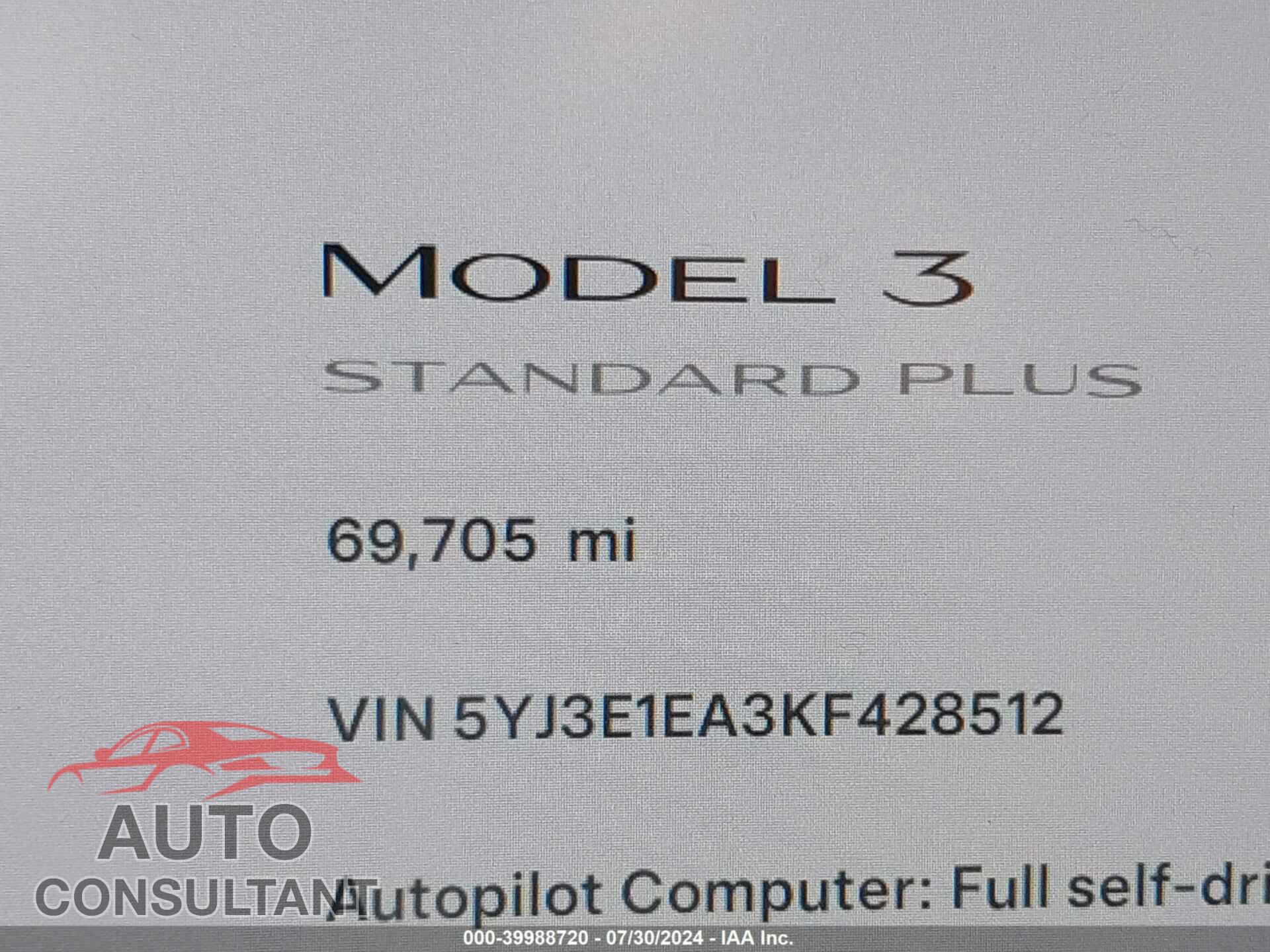 TESLA MODEL 3 2019 - 5YJ3E1EA3KF428512