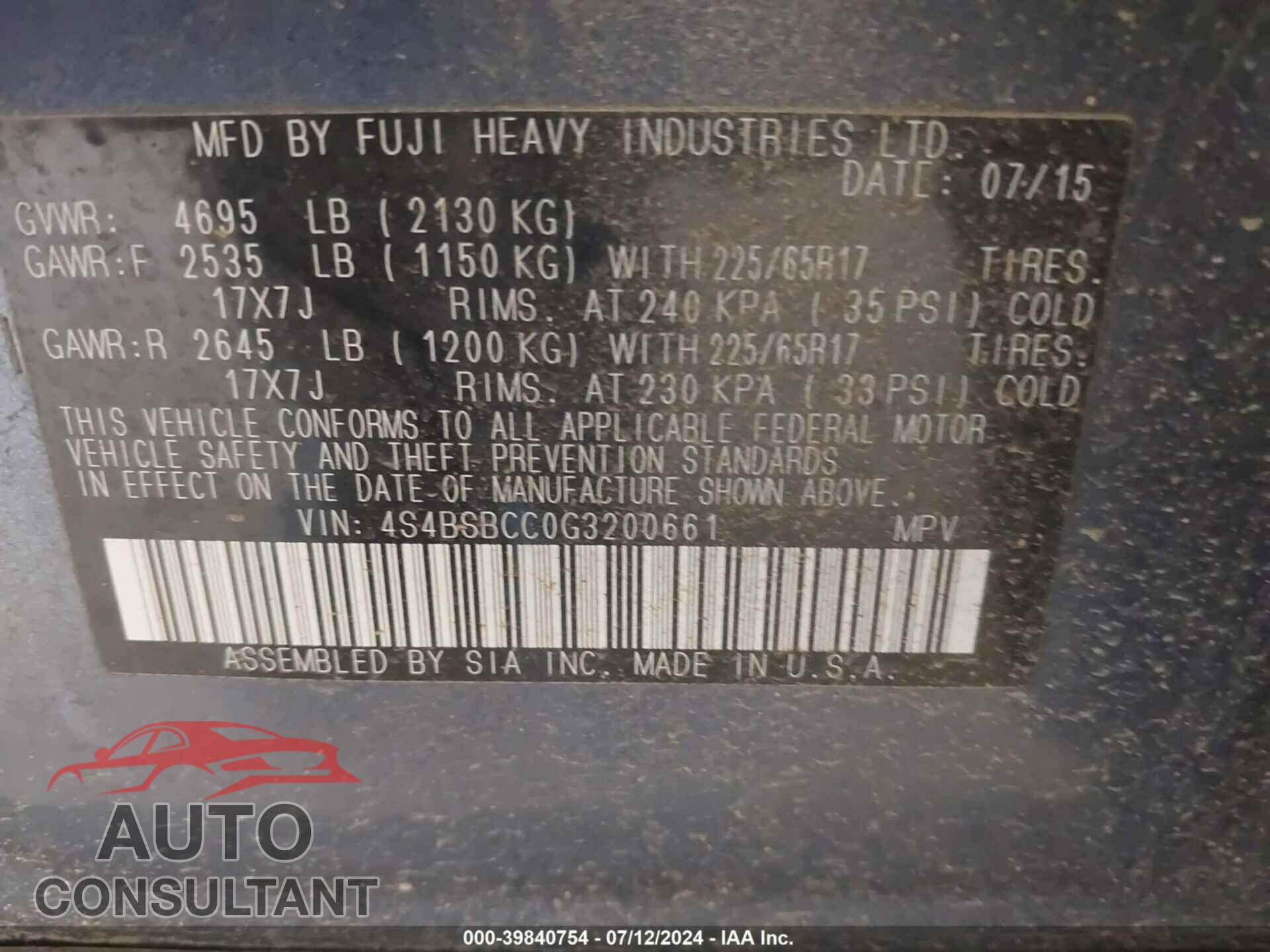 SUBARU OUTBACK 2016 - 4S4BSBCC0G3200661