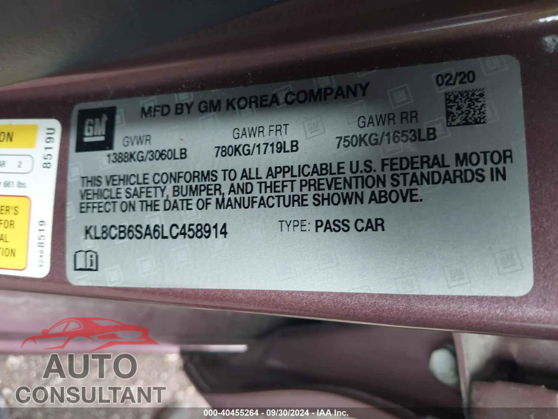CHEVROLET SPARK 2020 - KL8CB6SA6LC458914