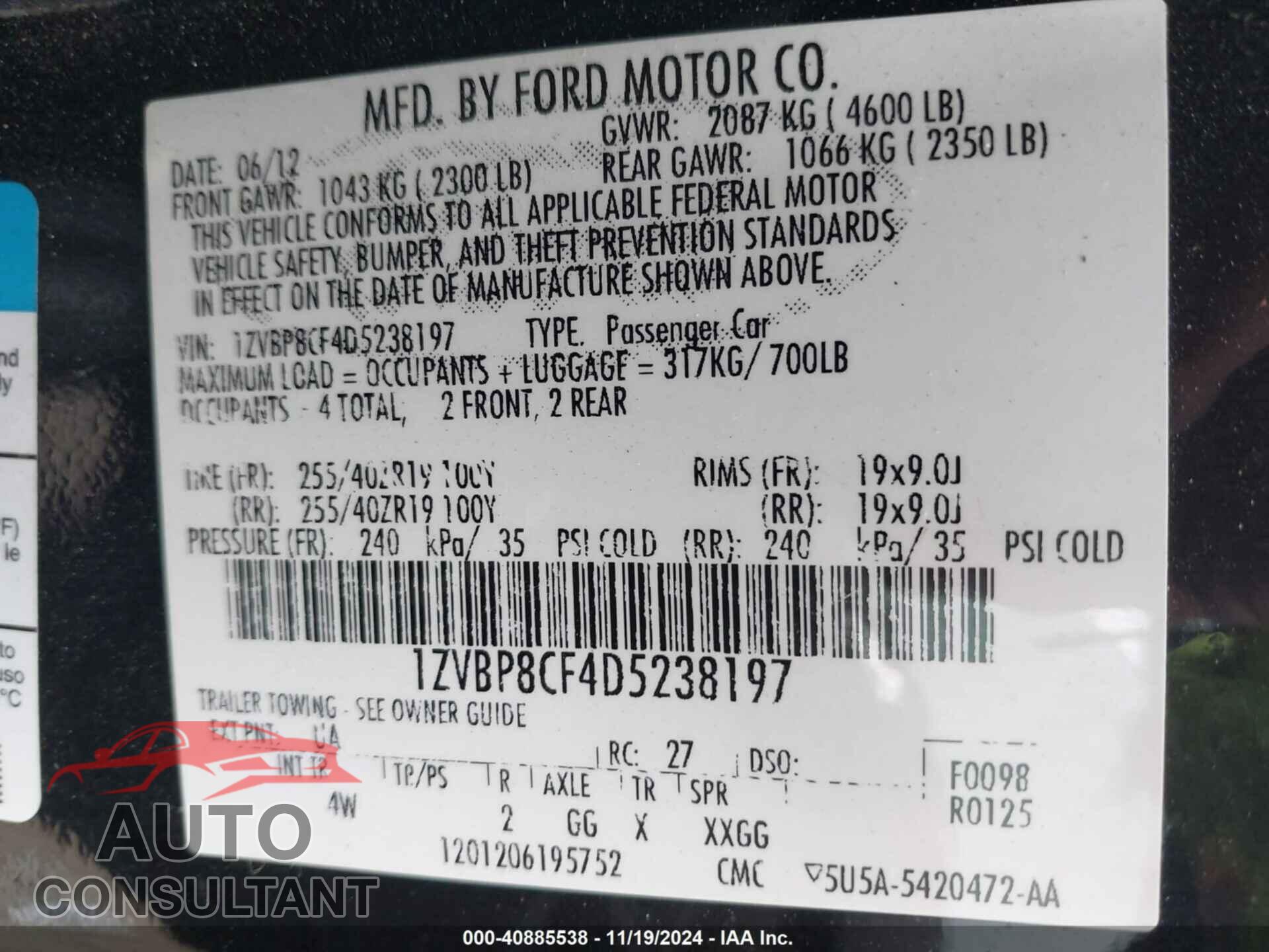 FORD MUSTANG 2013 - 1ZVBP8CF4D5238197