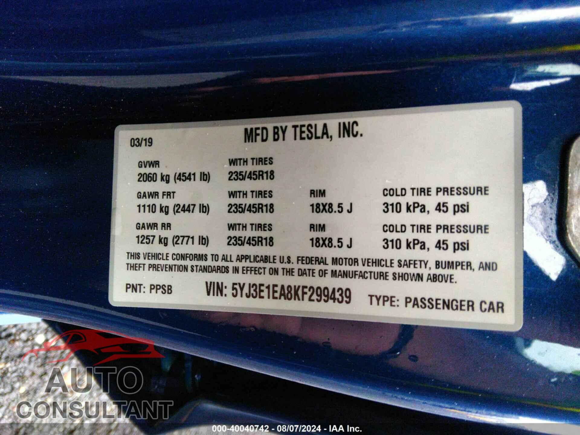 TESLA MODEL 3 2019 - 5YJ3E1EA8KF299439
