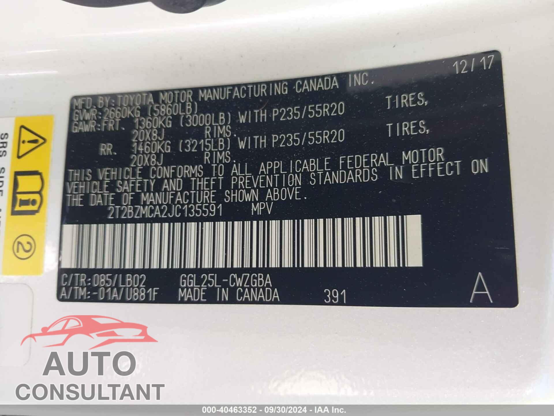 LEXUS RX 350 2018 - 2T2BZMCA2JC135591