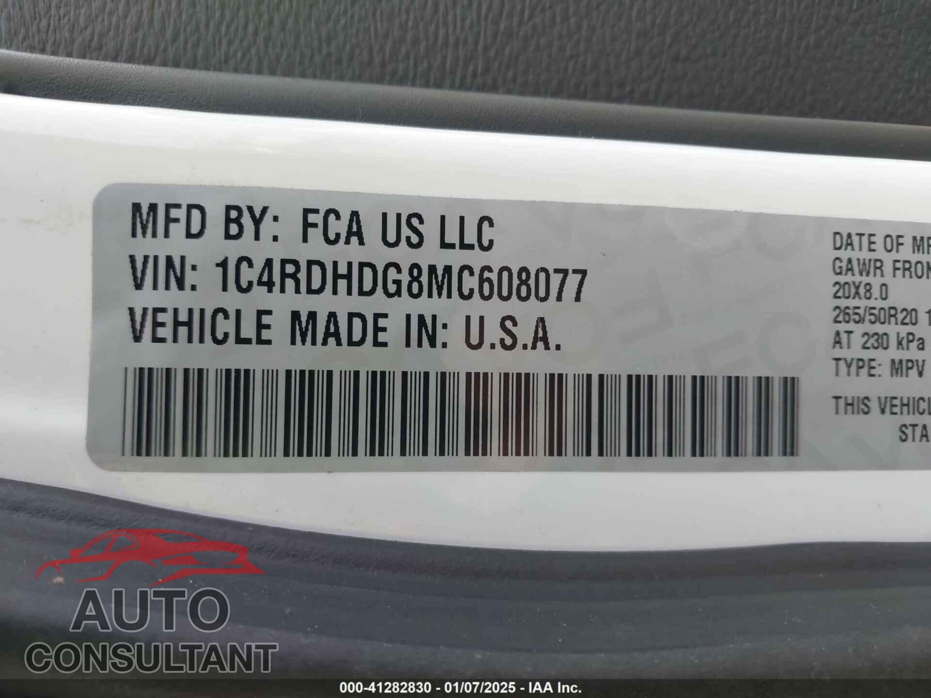 DODGE DURANGO 2021 - 1C4RDHDG8MC608077