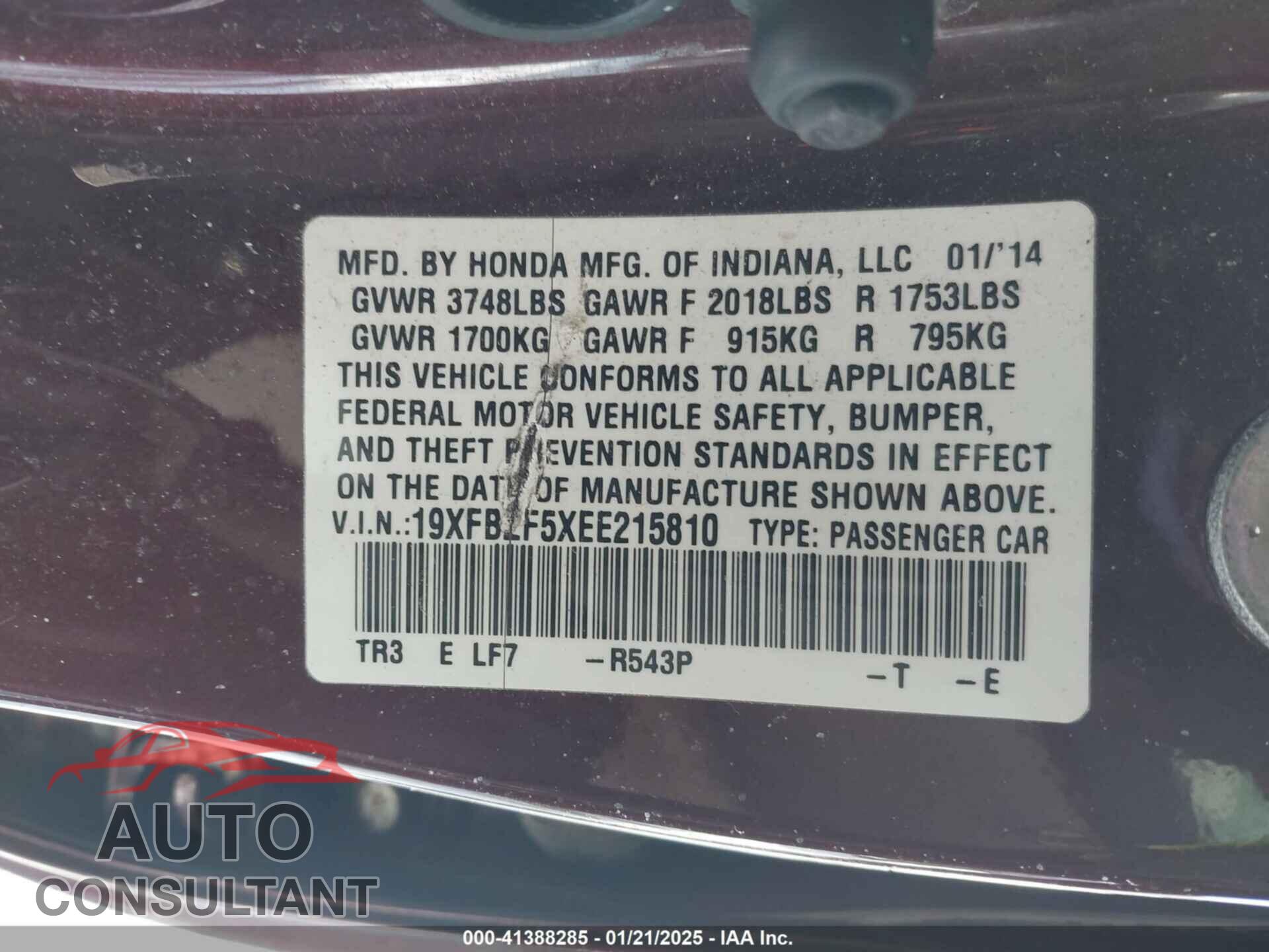 HONDA CIVIC 2014 - 19XFB2F5XEE215810