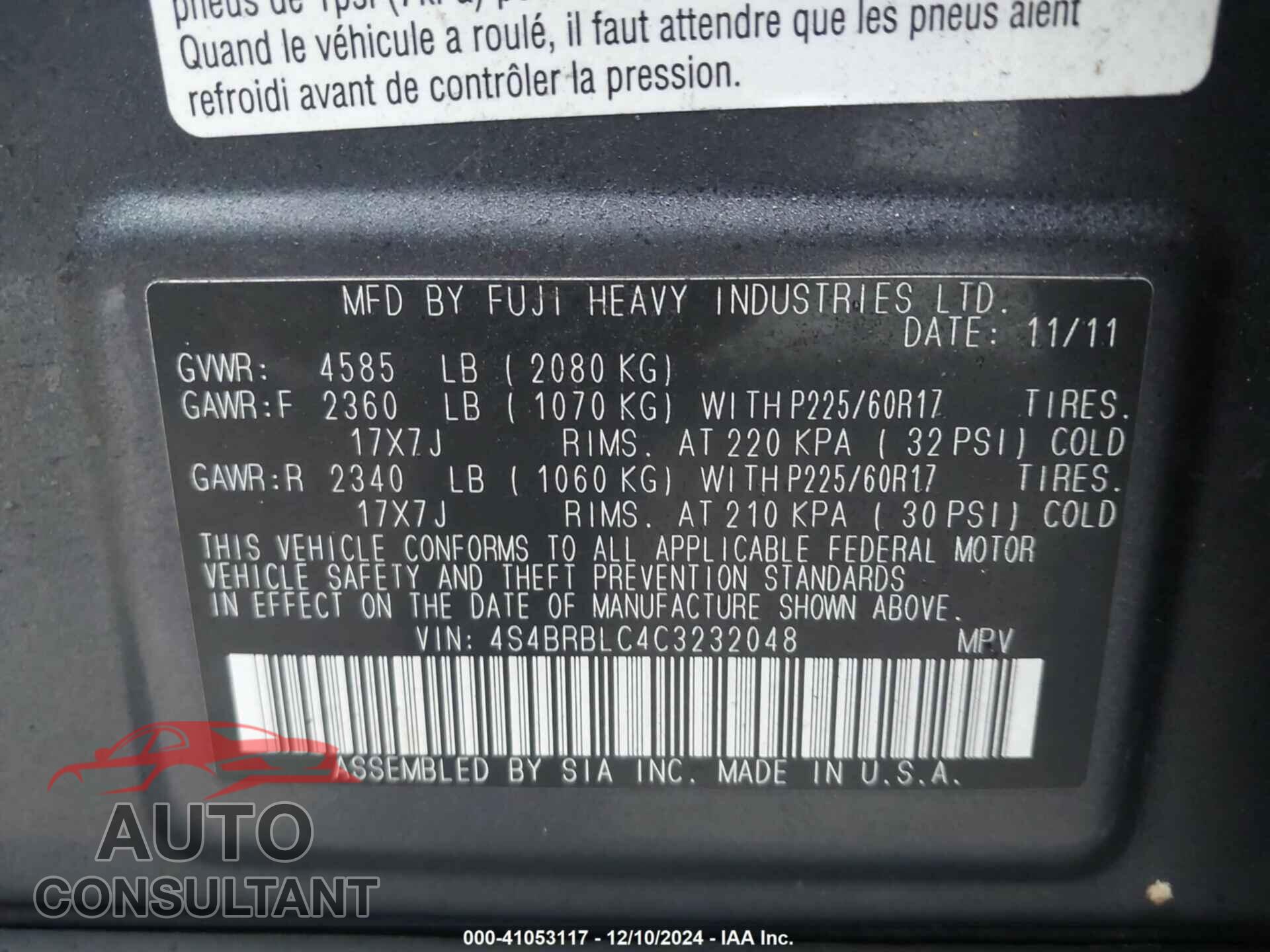 SUBARU OUTBACK 2012 - 4S4BRBLC4C3232048