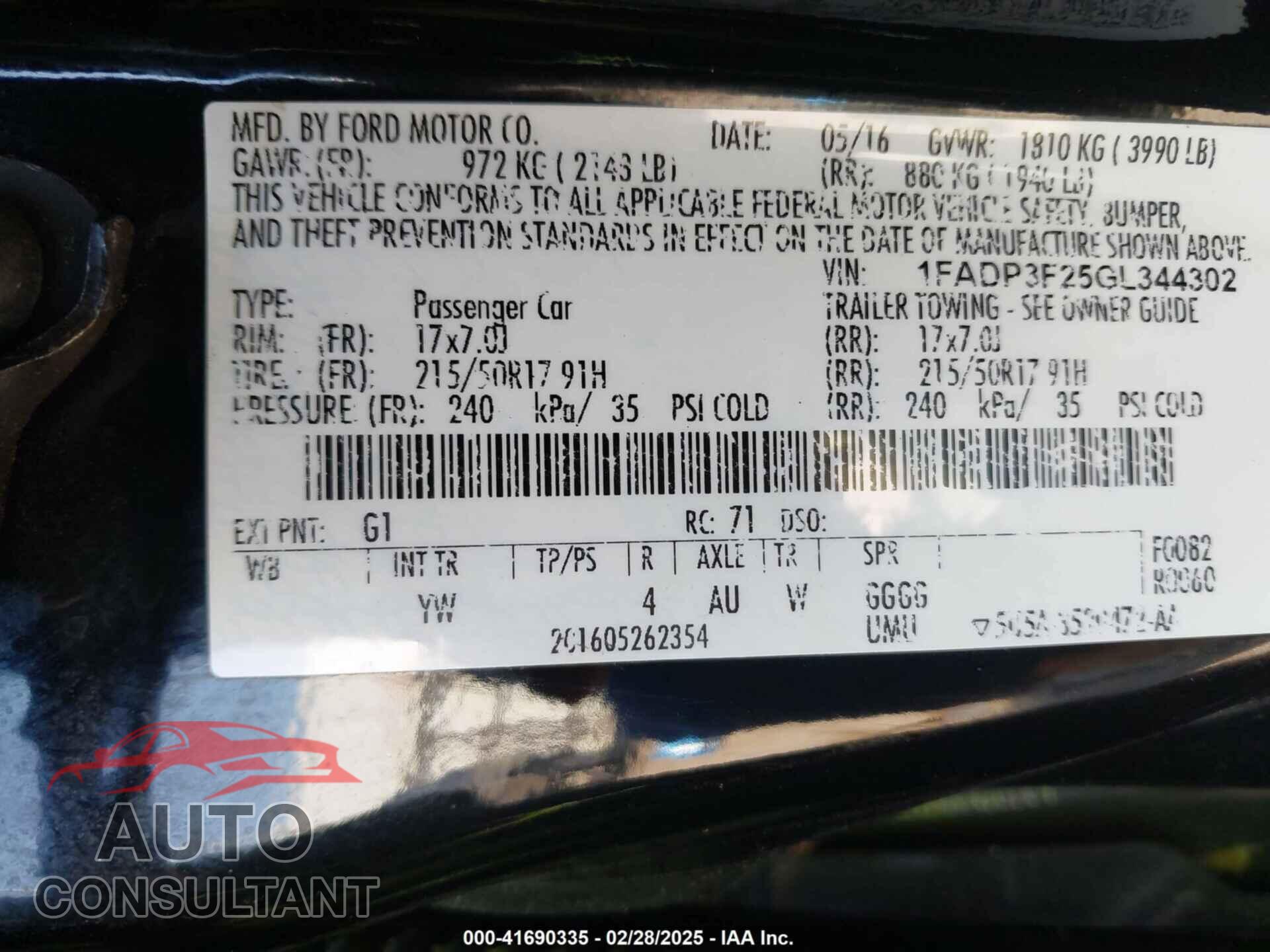 FORD FOCUS 2016 - 1FADP3F25GL344302