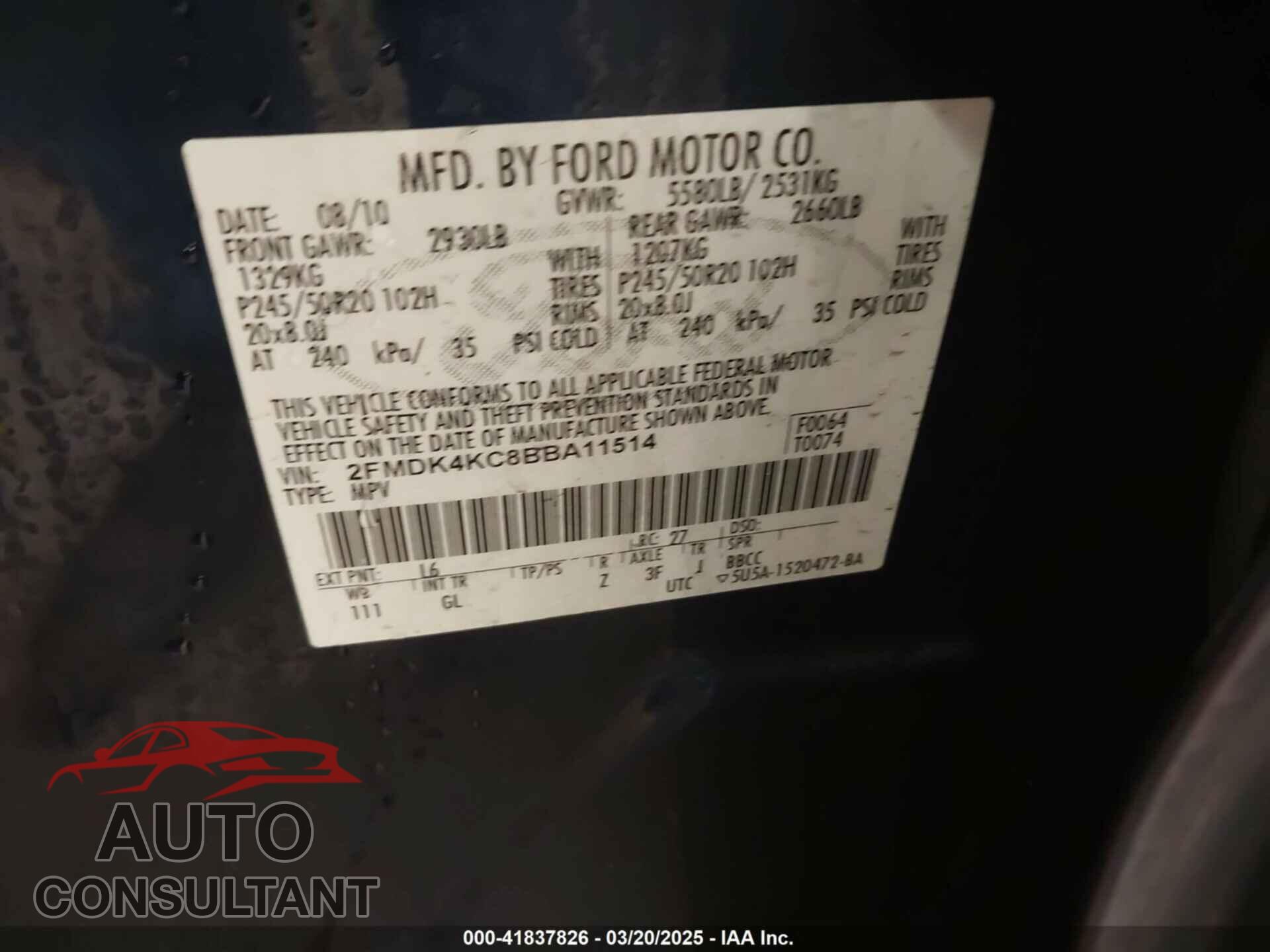 FORD EDGE 2011 - 2FMDK4KC8BBA11514