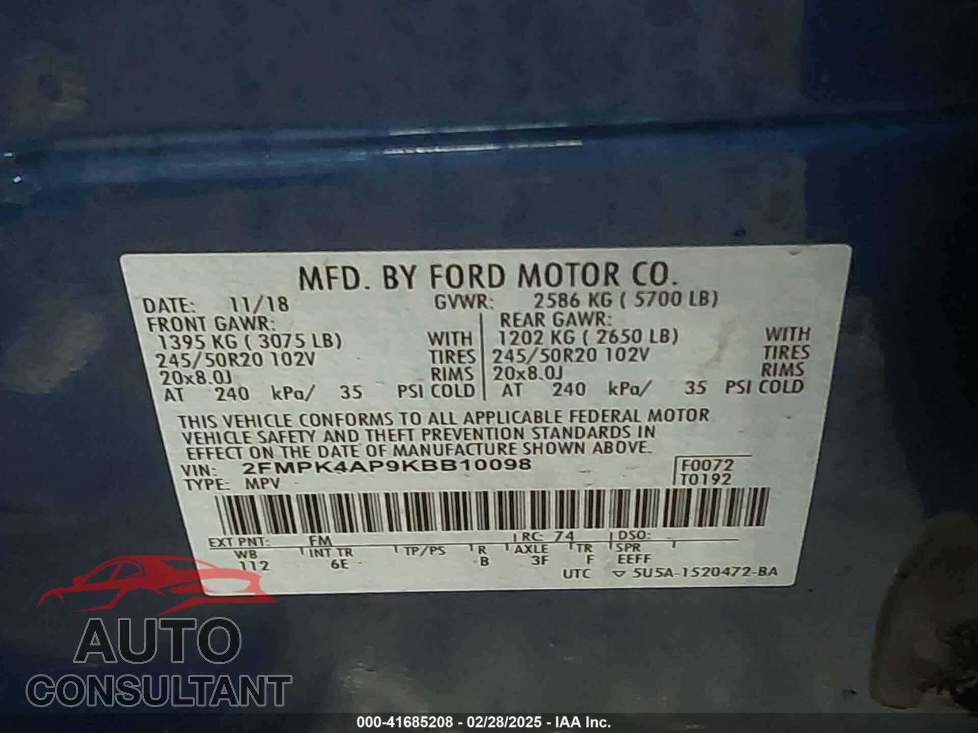 FORD EDGE 2019 - 2FMPK4AP9KBB10098