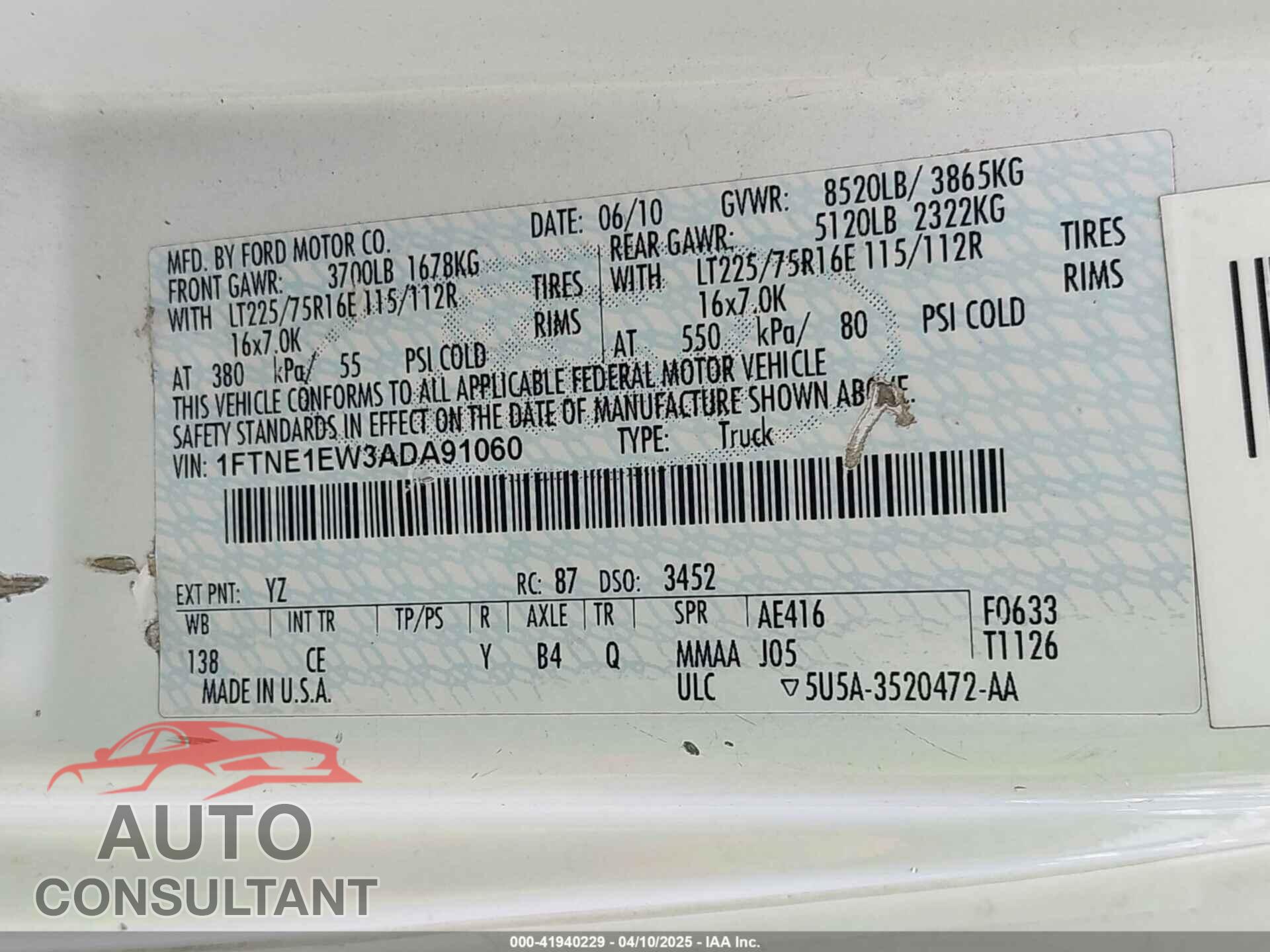 FORD E-150 2010 - 1FTNE1EW3ADA91060