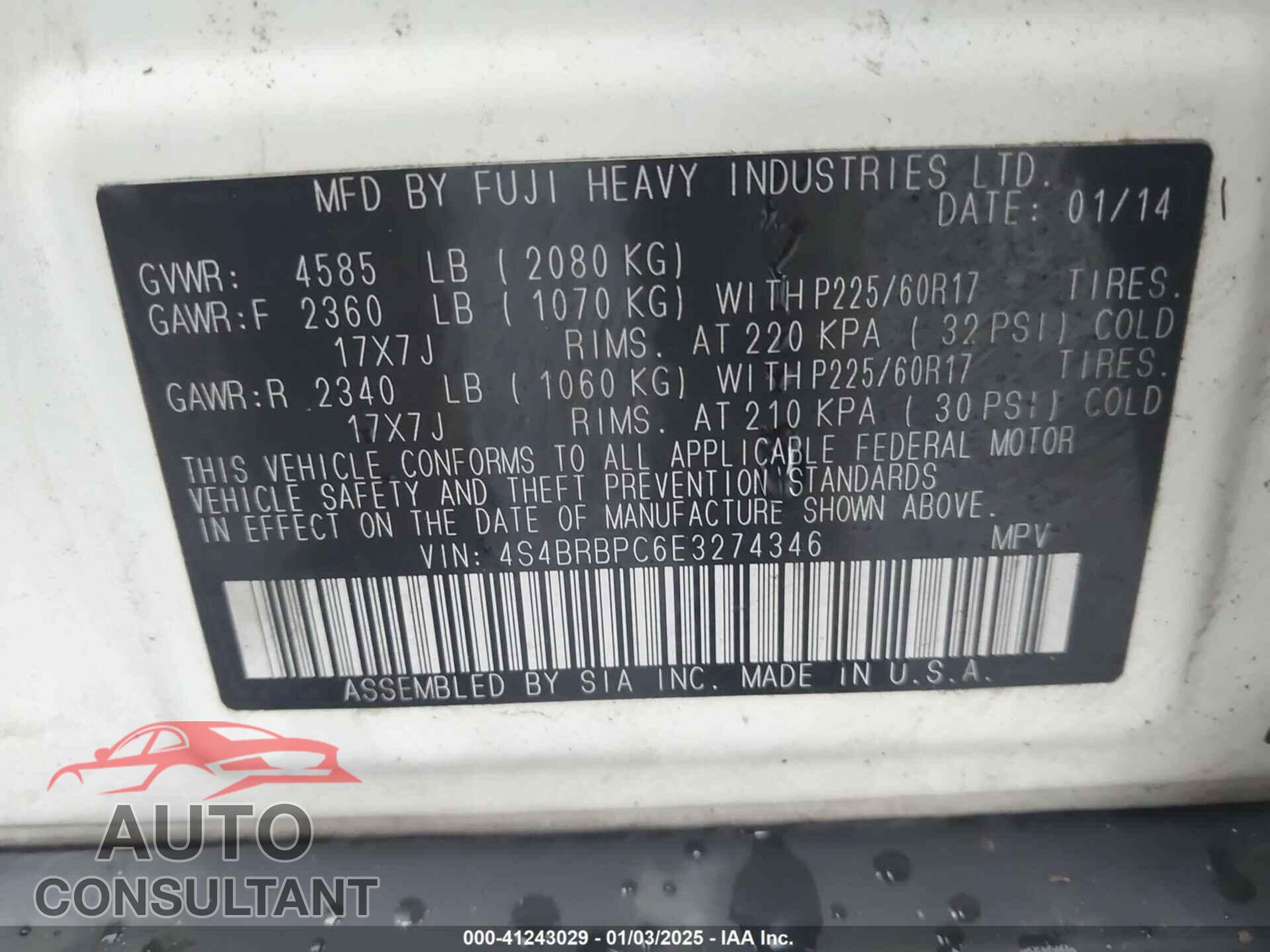 SUBARU OUTBACK 2014 - 4S4BRBPC6E3274346