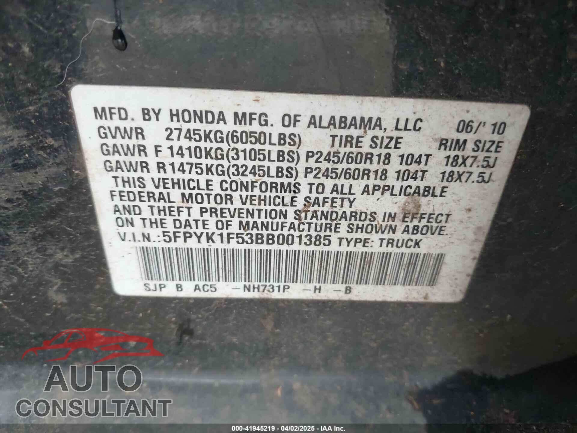 HONDA RIDGELINE 2011 - 5FPYK1F53BB001385