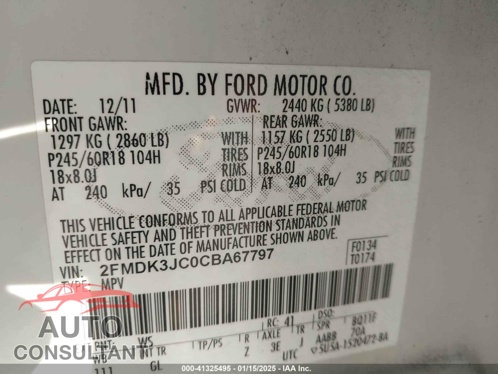 FORD EDGE 2012 - 2FMDK3JC0CBA67797