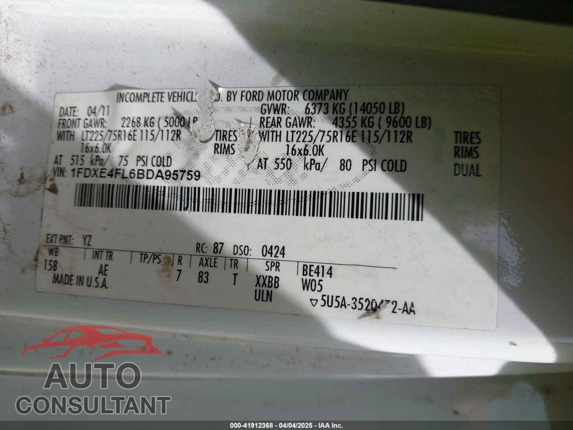 FORD E-450 CUTAWAY 2011 - 1FDXE4FL6BDA95759