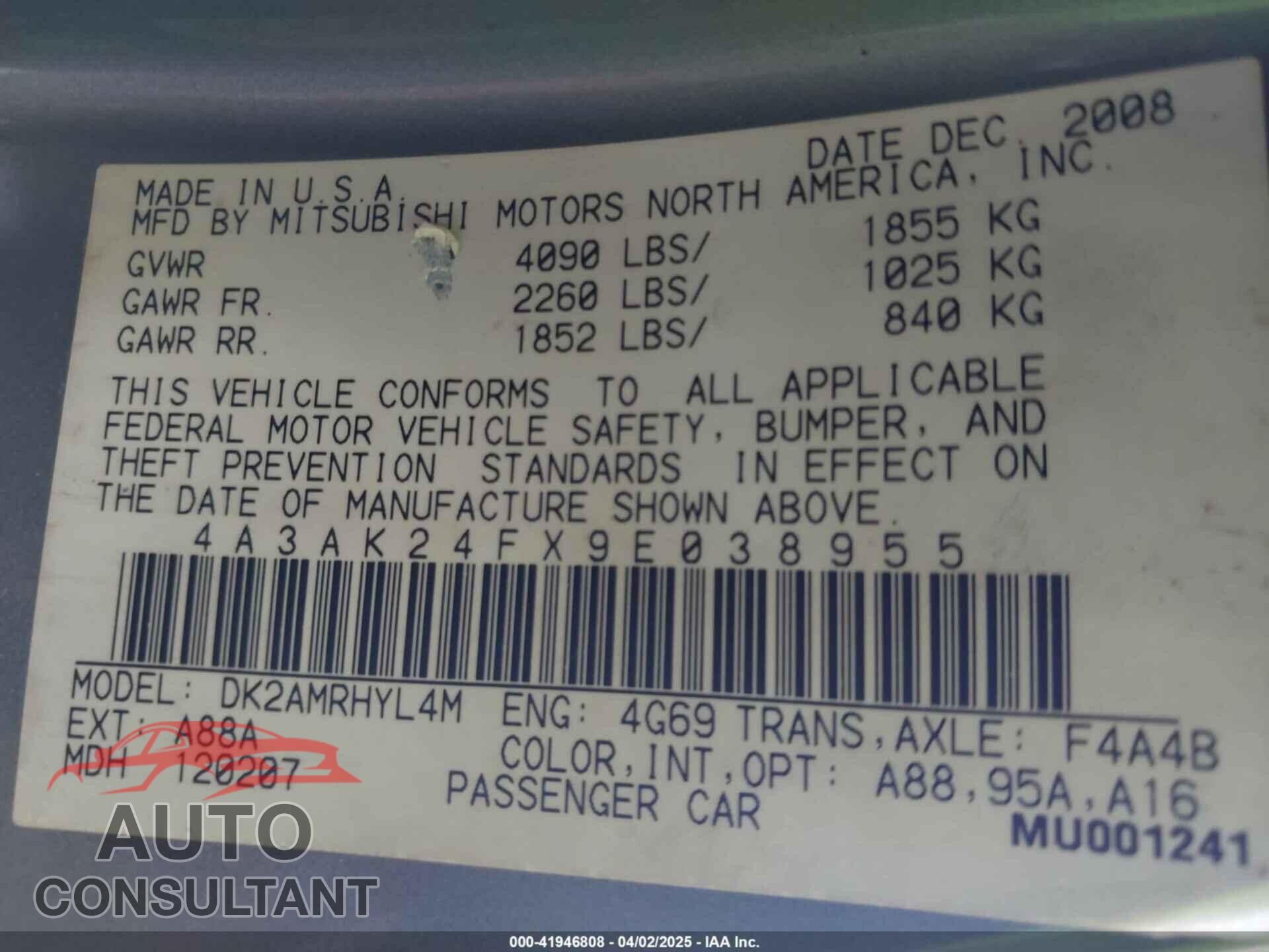 MITSUBISHI ECLIPSE 2009 - 4A3AK24FX9E038955