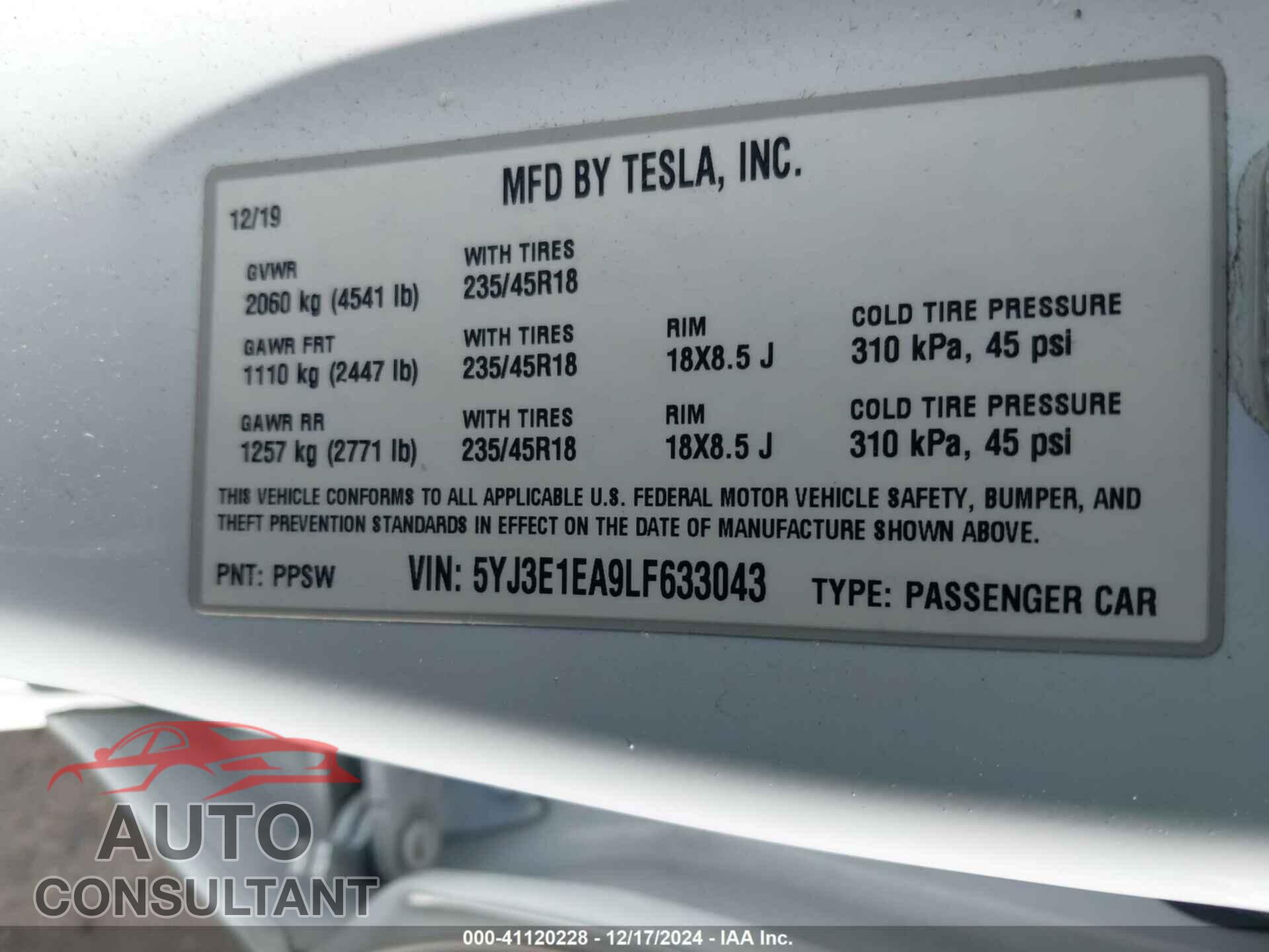 TESLA MODEL 3 2020 - 5YJ3E1EA9LF633043