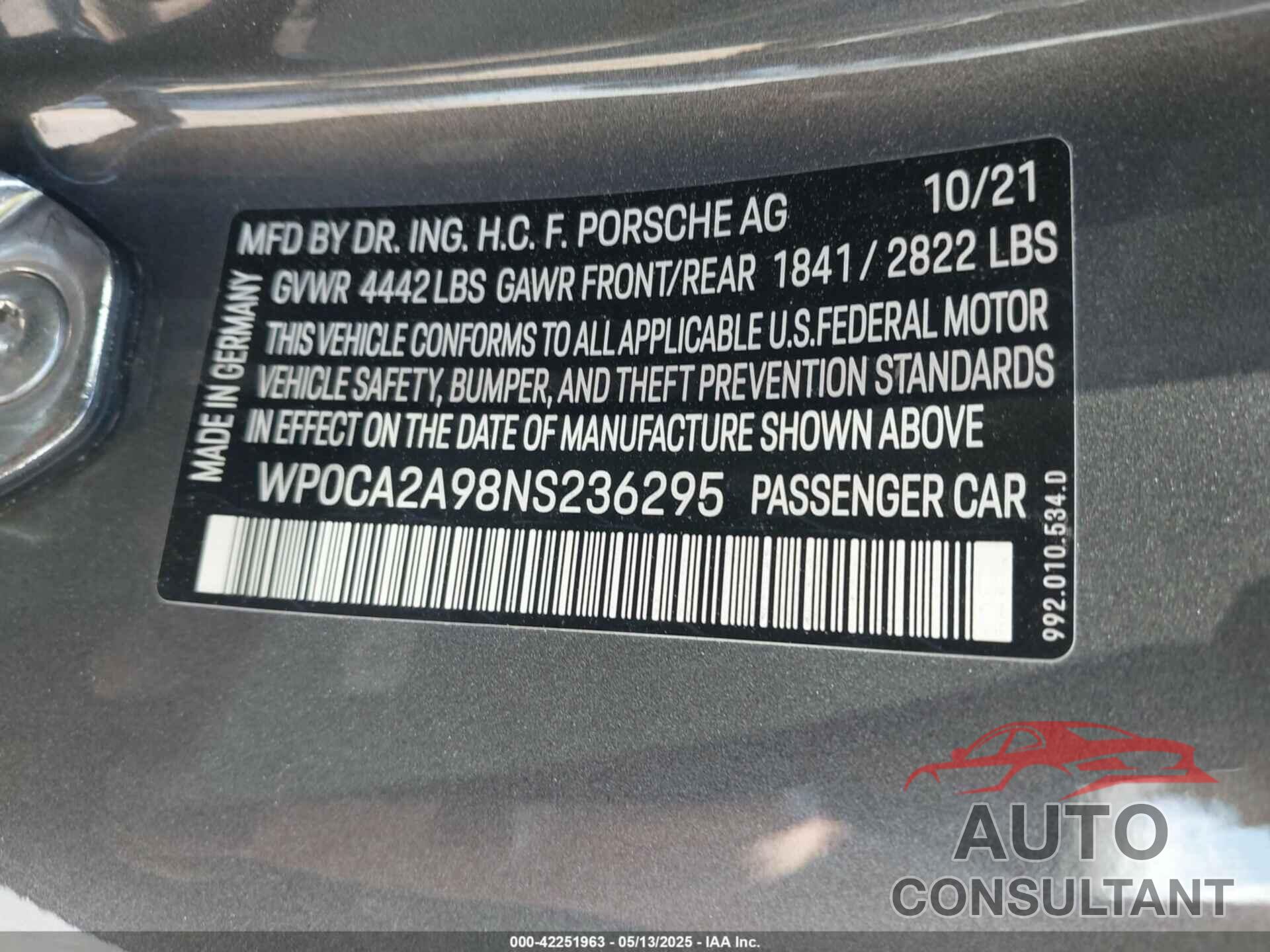 PORSCHE 911 2022 - WP0CA2A98NS236295