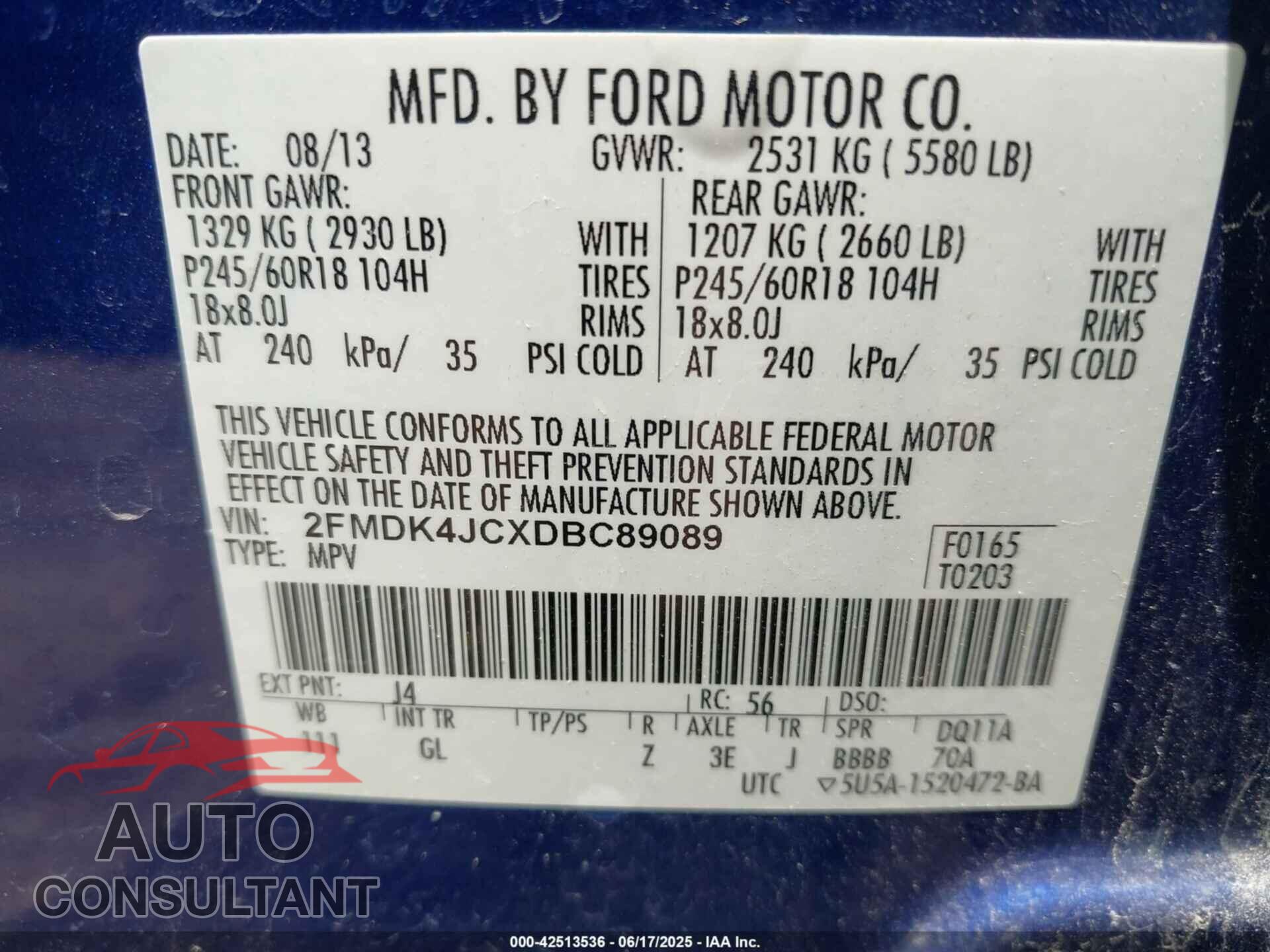 FORD EDGE 2013 - 2FMDK4JCXDBC89089