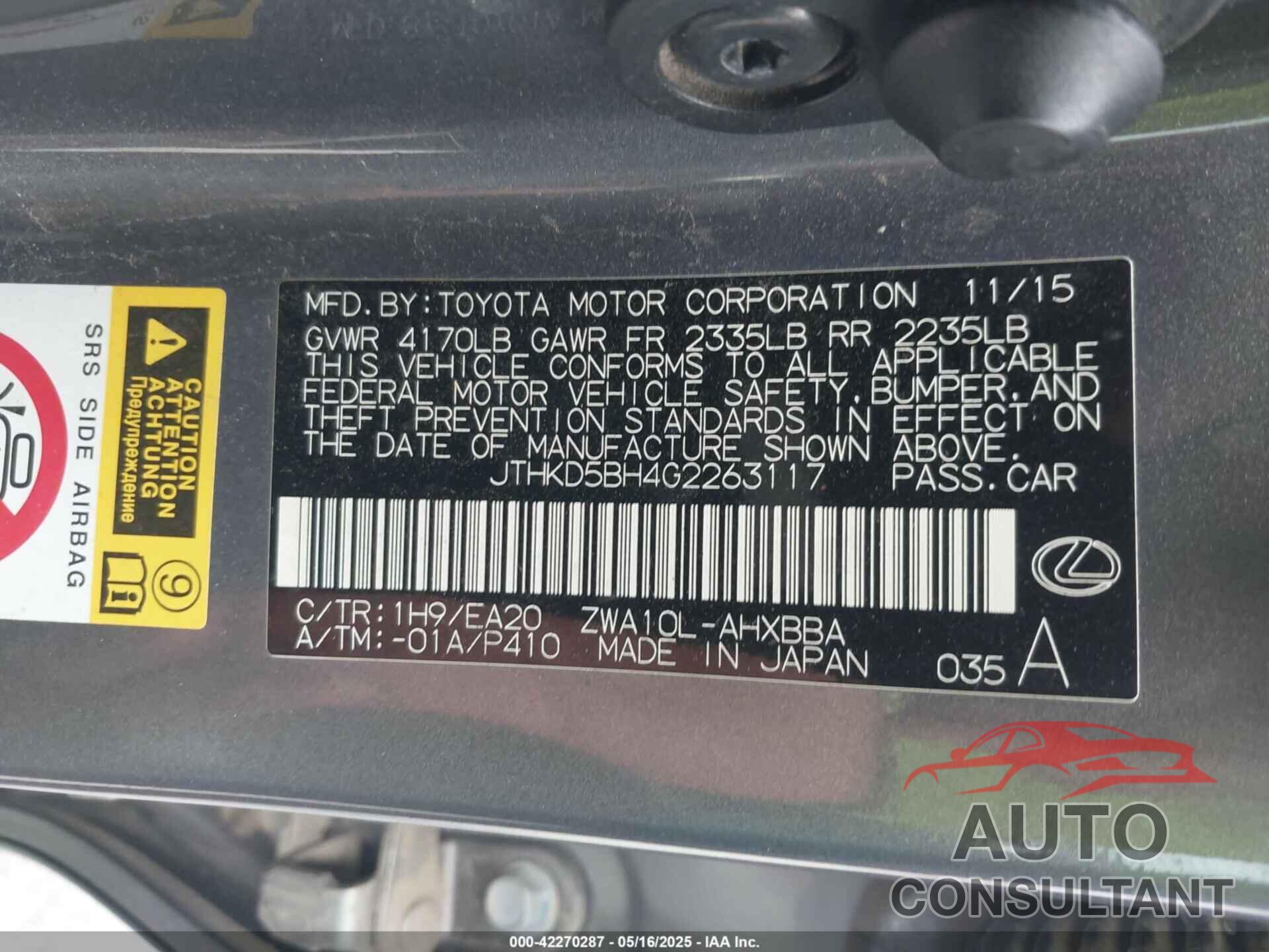 LEXUS CT 200H 2016 - JTHKD5BH4G2263117