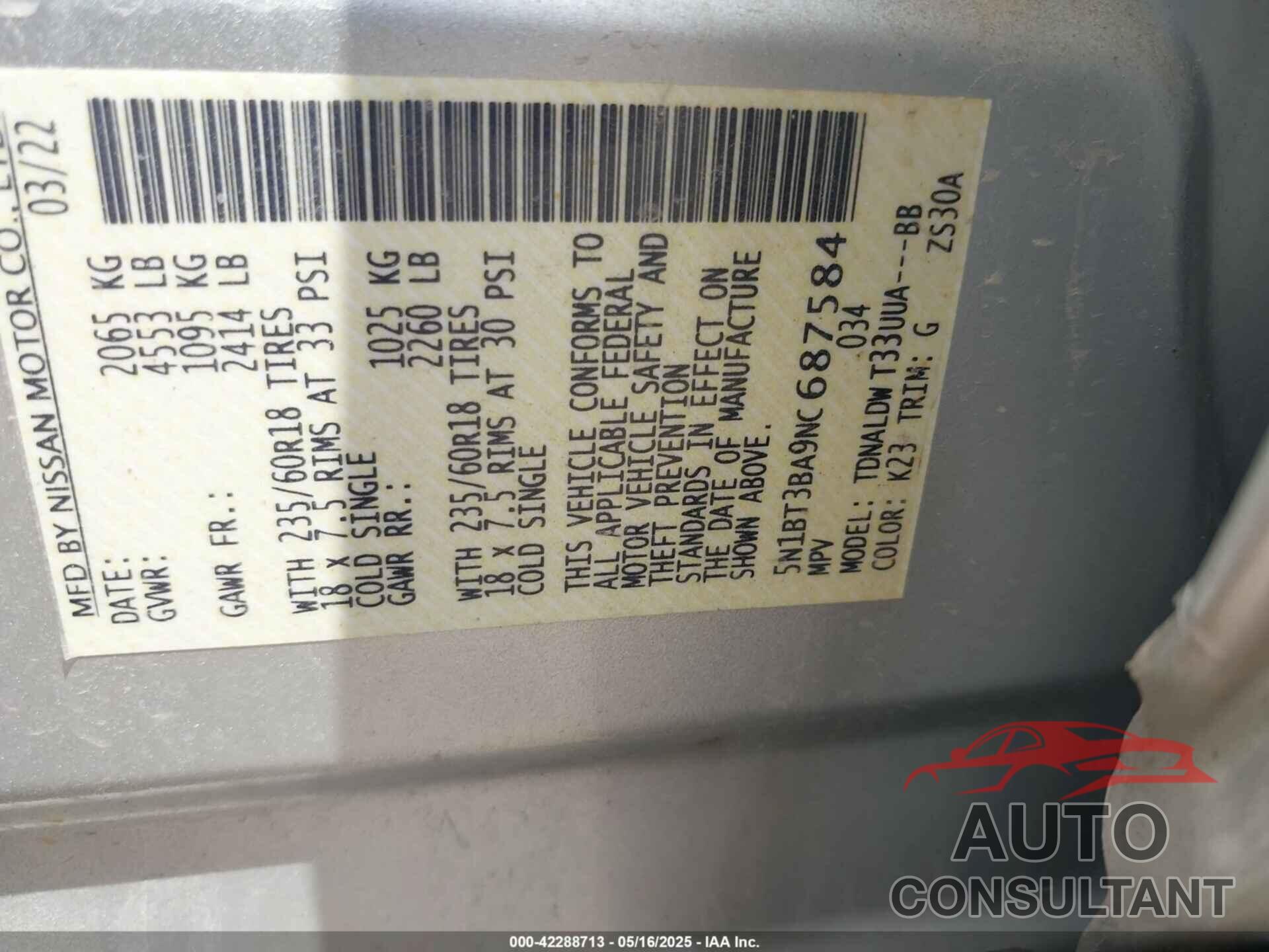NISSAN ROGUE 2022 - 5N1BT3BA9NC687584