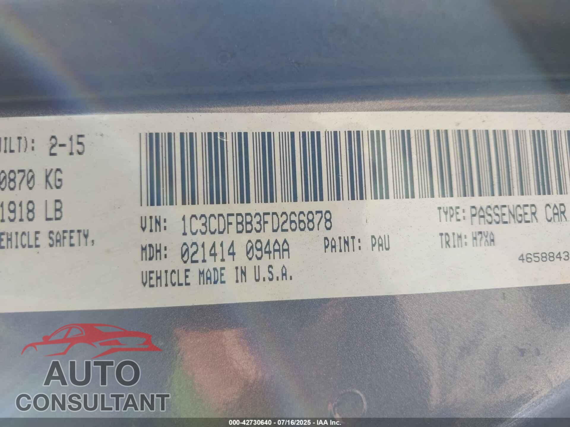 DODGE DART 2015 - 1C3CDFBB3FD266878