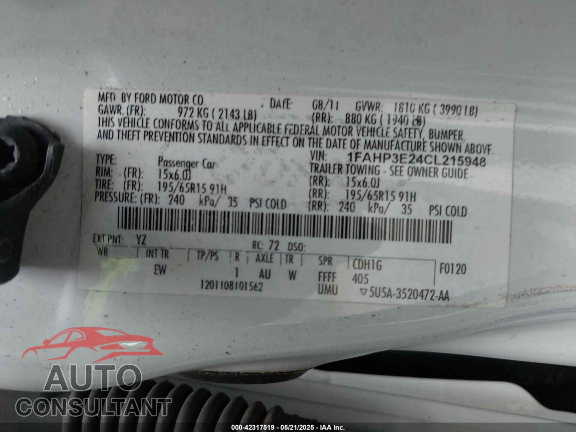 FORD FOCUS 2012 - 1FAHP3E24CL215948