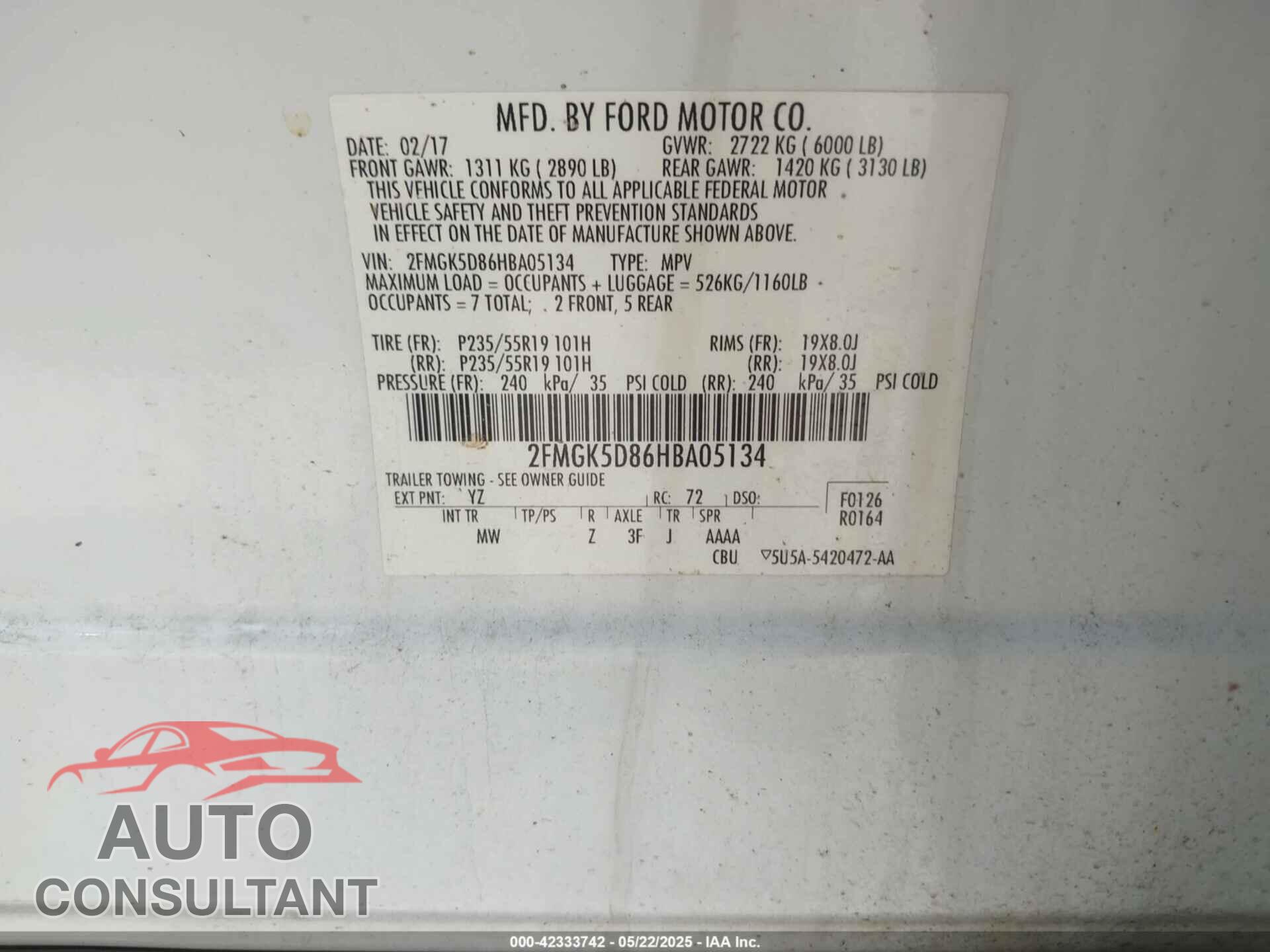 FORD FLEX 2017 - 2FMGK5D86HBA05134