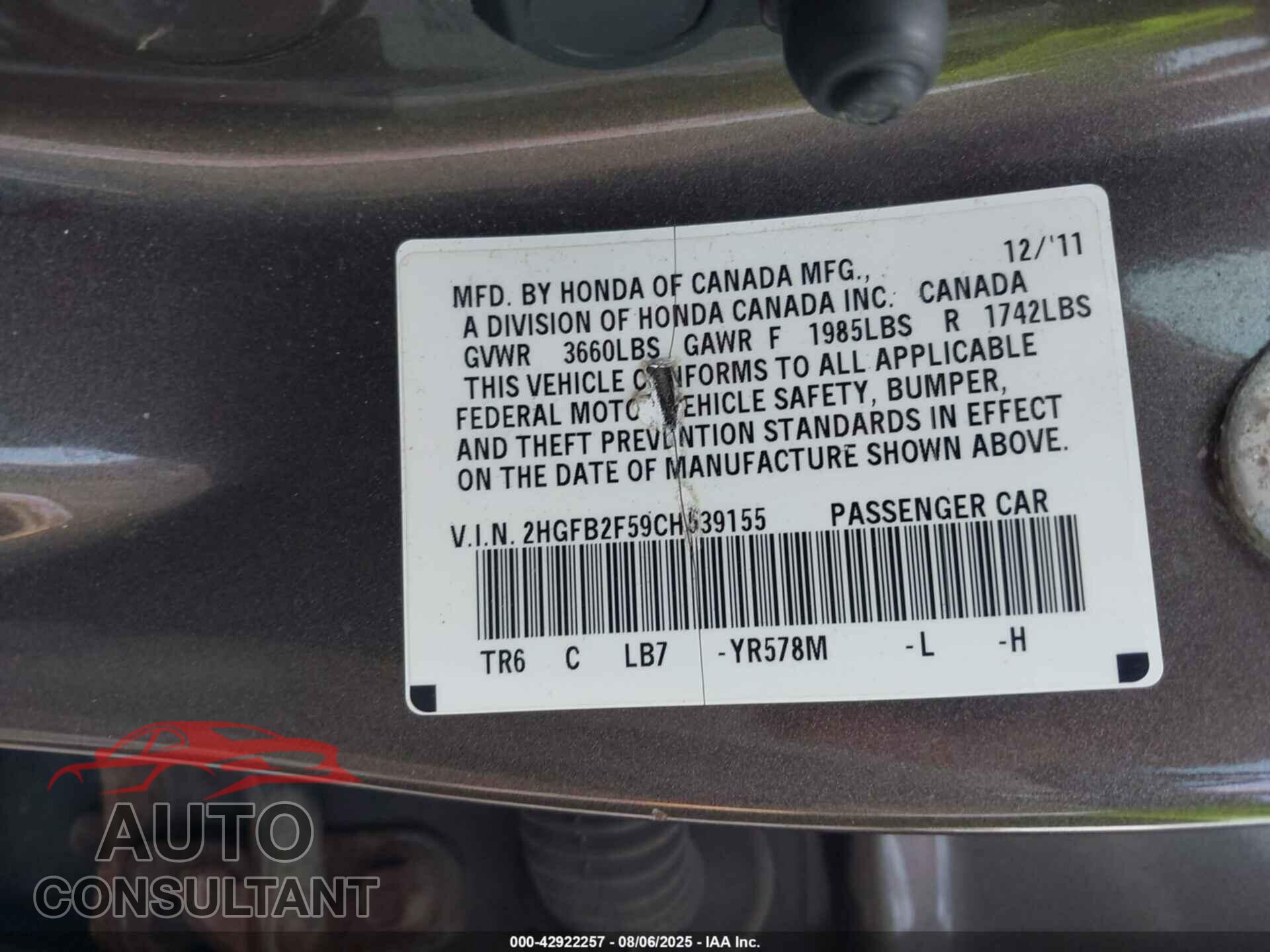 HONDA CIVIC 2012 - 2HGFB2F59CH539155