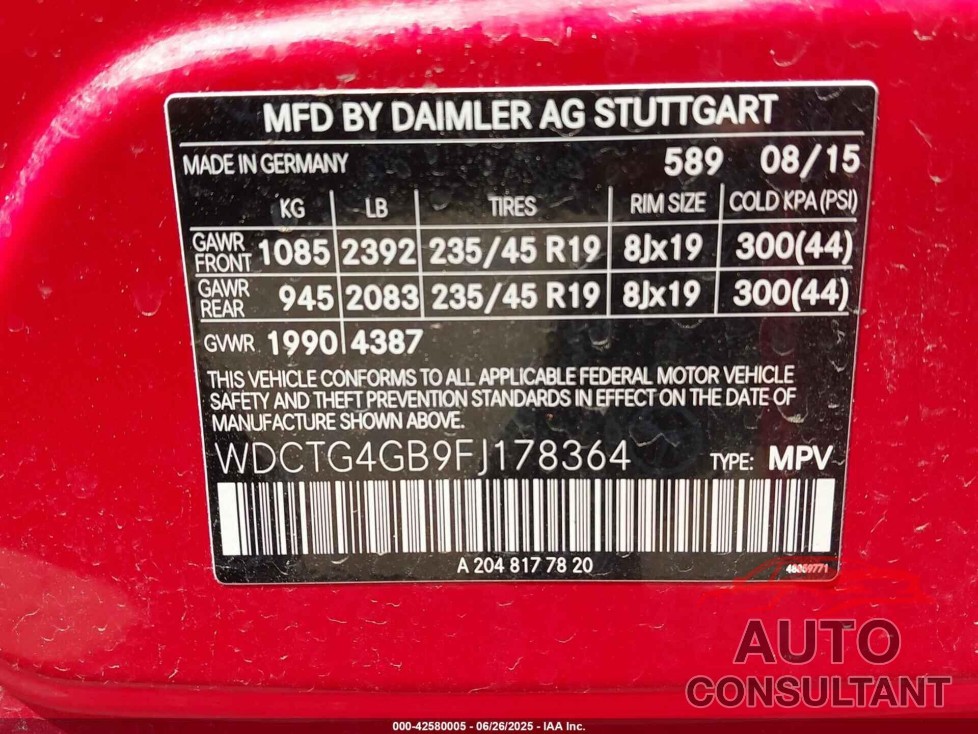 MERCEDES-BENZ GLA 250 2015 - WDCTG4GB9FJ178364