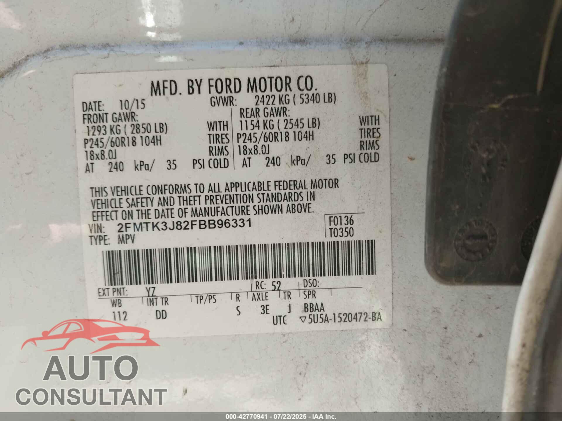 FORD EDGE 2015 - 2FMTK3J82FBB96331