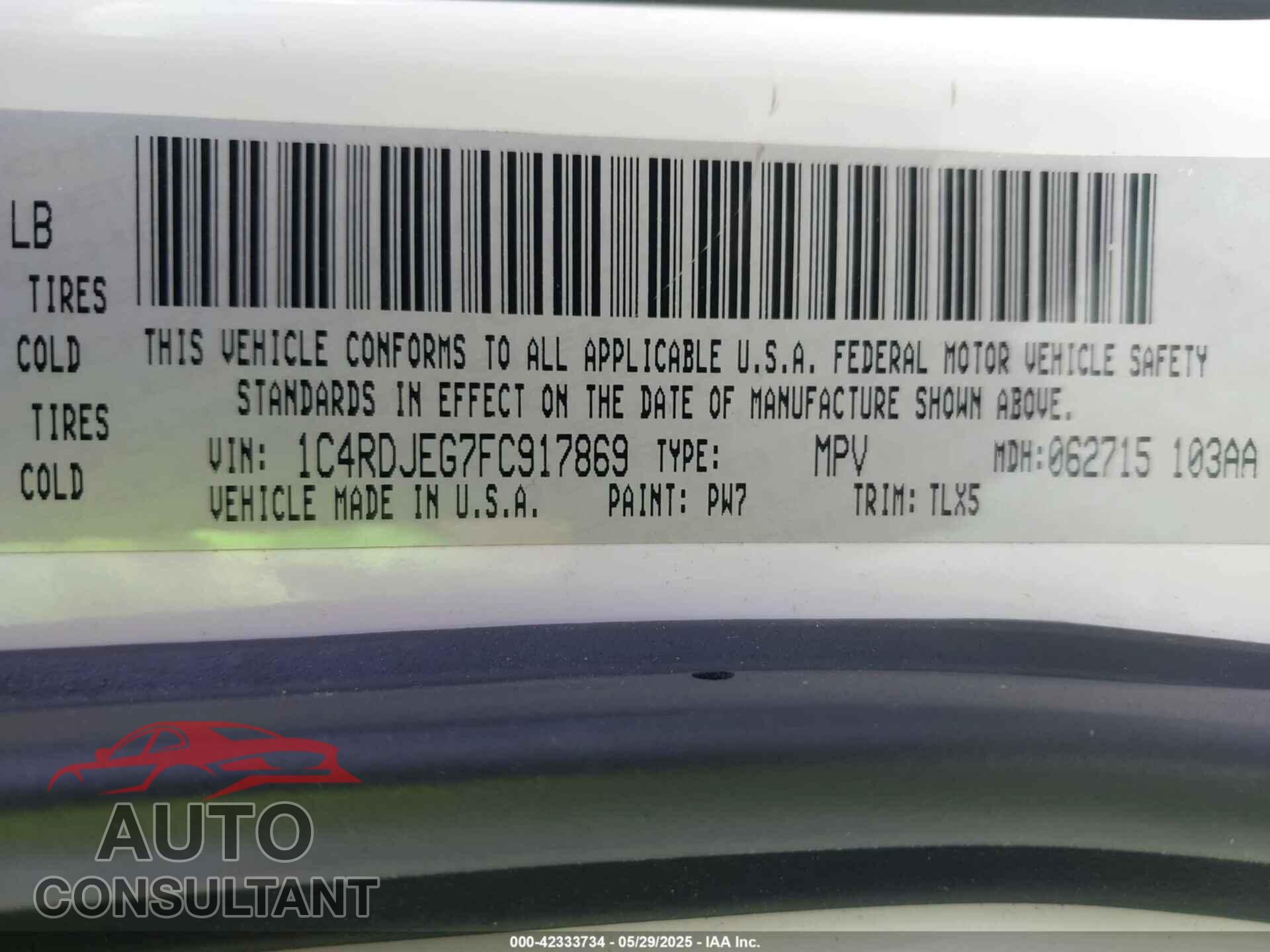 DODGE DURANGO 2015 - 1C4RDJEG7FC917869