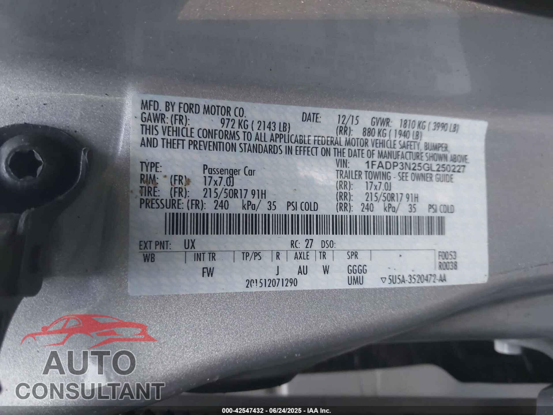 FORD FOCUS 2016 - 1FADP3N25GL250227